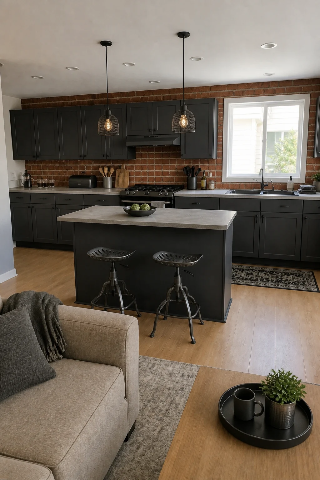 The same room styled as Hybrid Industrial Loft