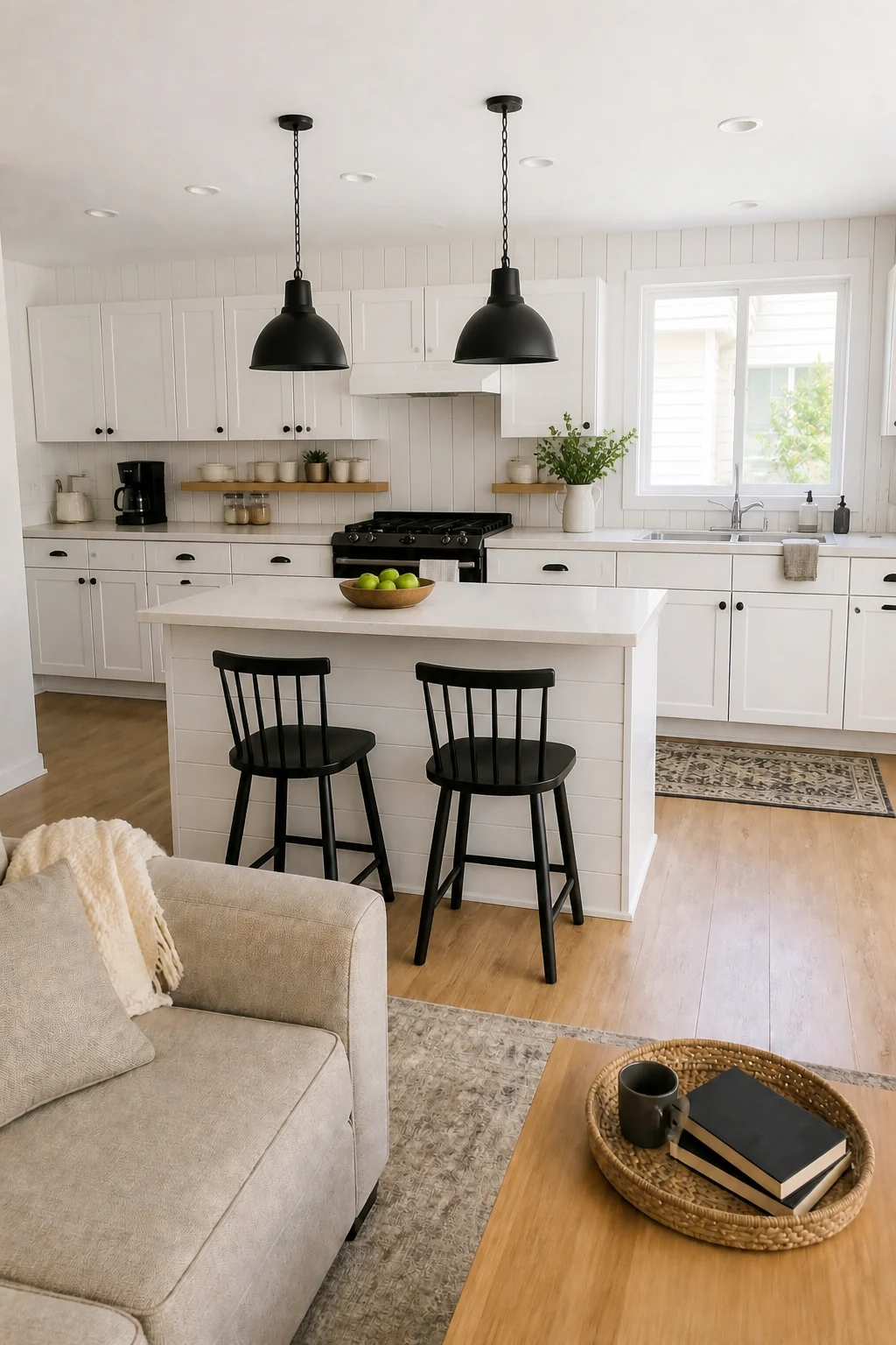 The same room styled as Hybrid Modern Farmhouse