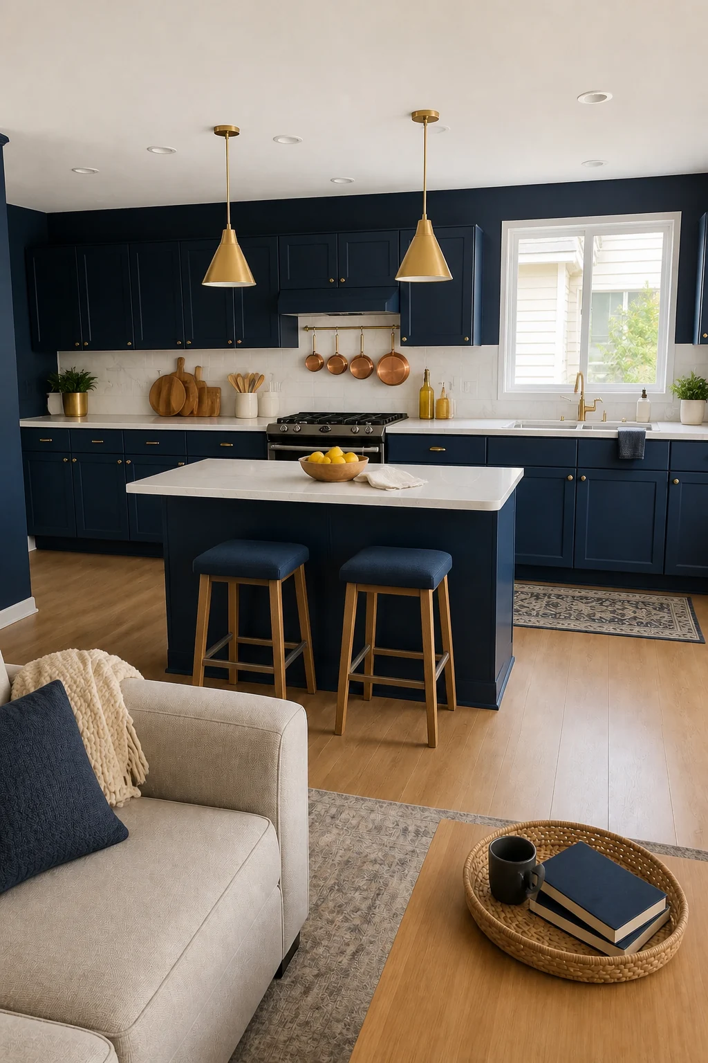 The same room styled as Hybrid Transitional Color-Drench