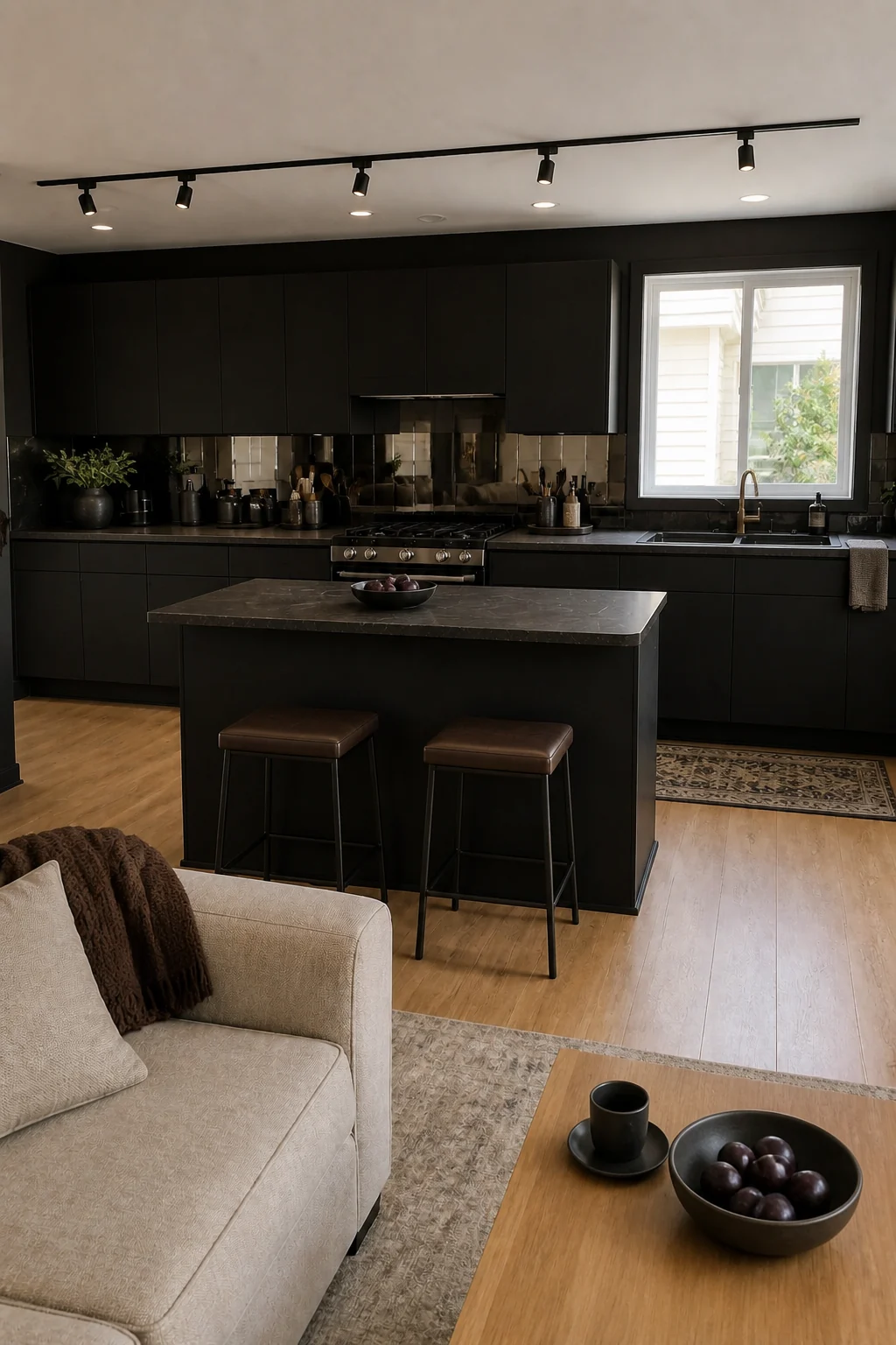 The same room styled as Pro Moody Monolithic