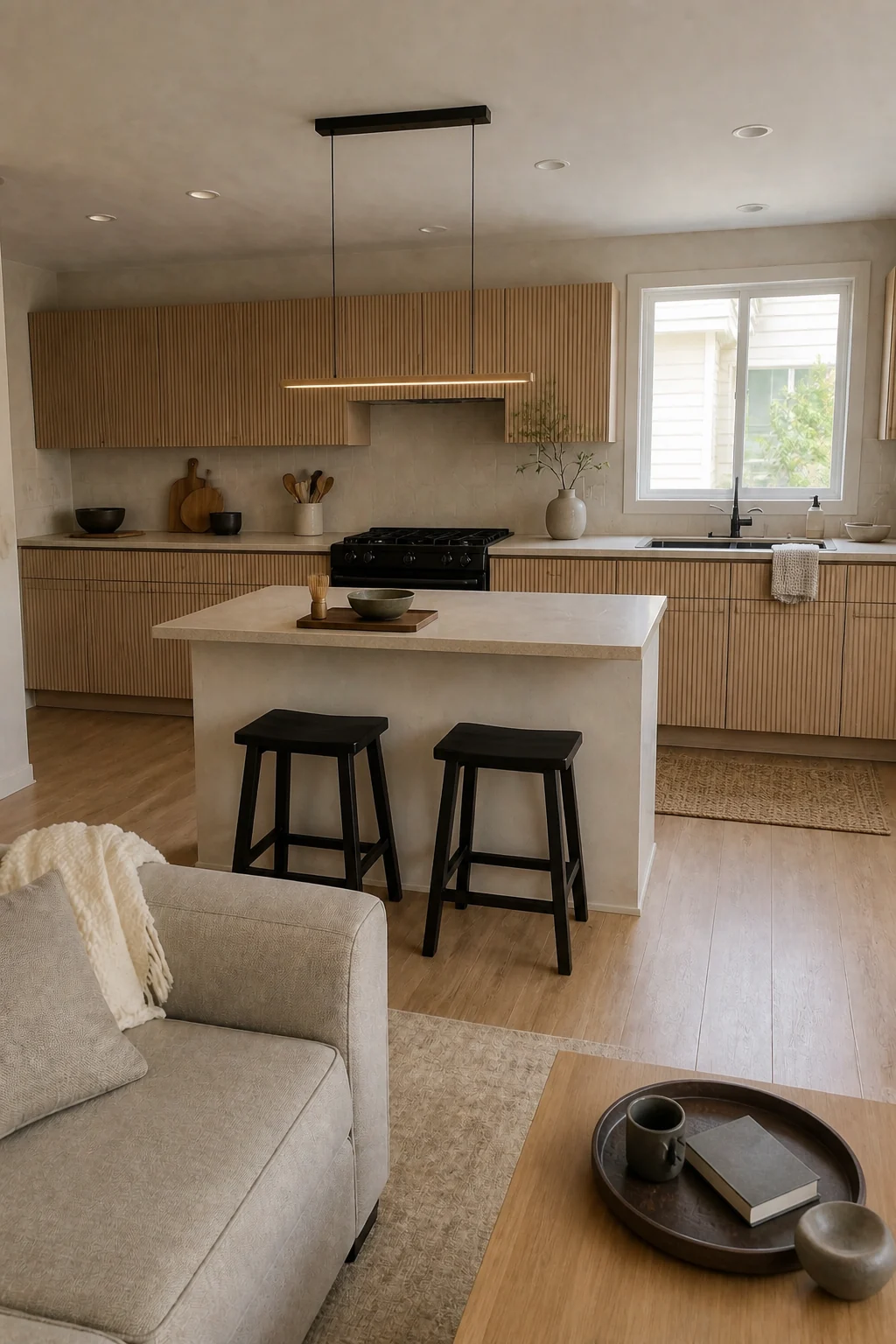 The same room styled as Pro Sleek Japandi