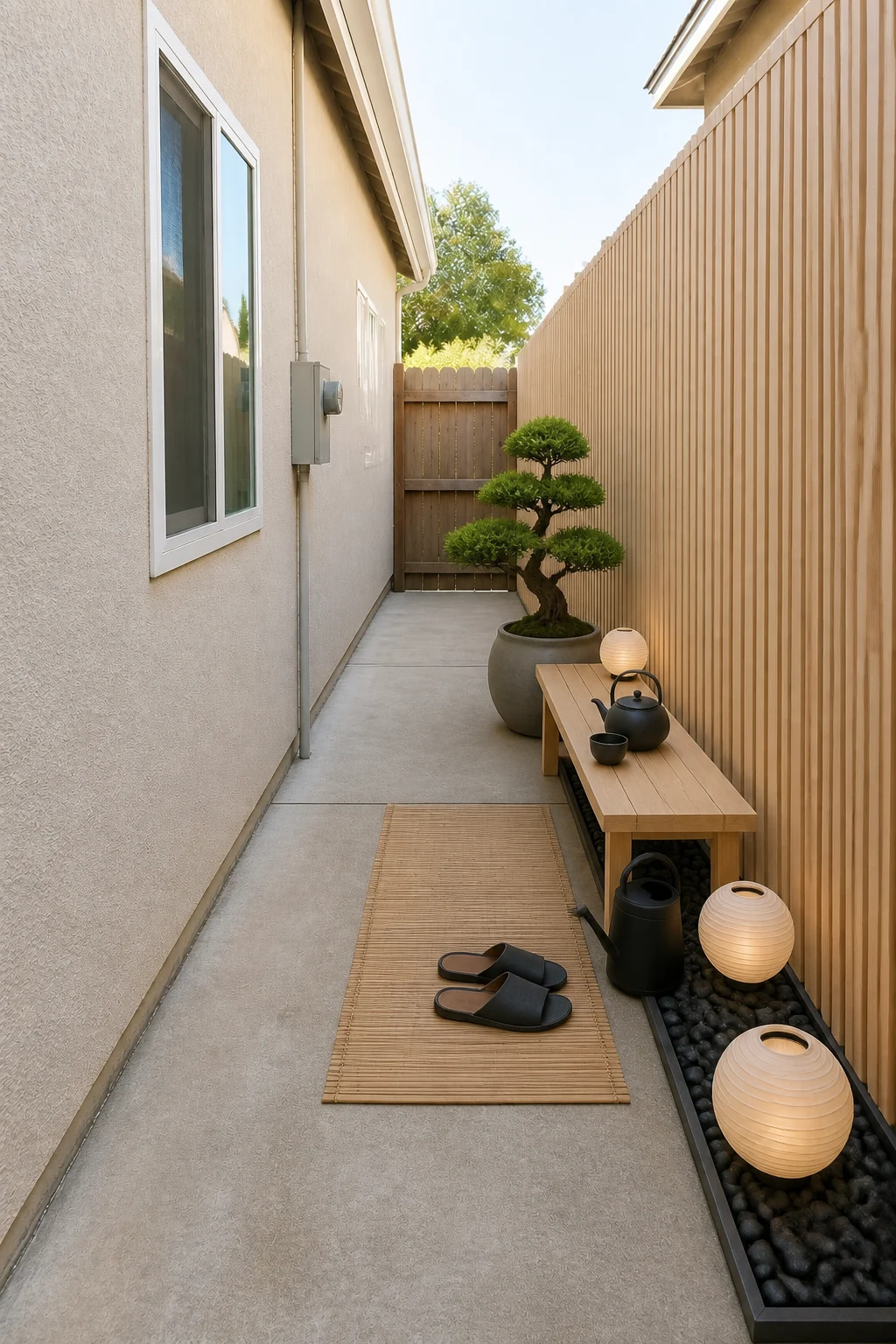 The same room styled as Japandi Zen