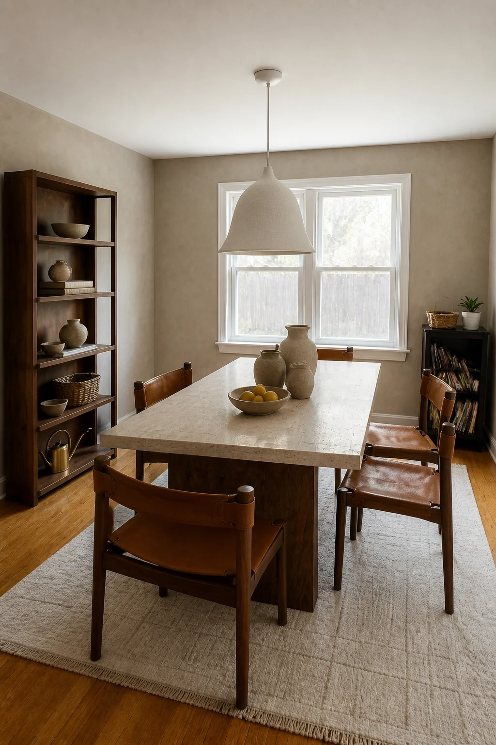 The same room styled as Elevated Earthy Materials