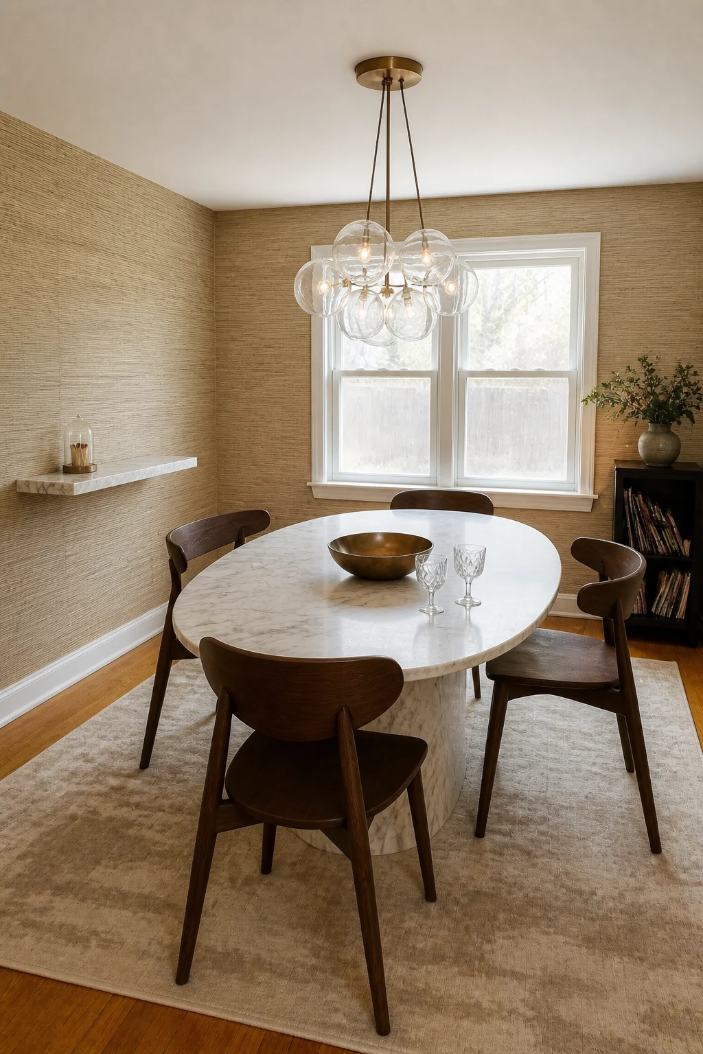 The same room styled as Luxury Marble & Grasscloth