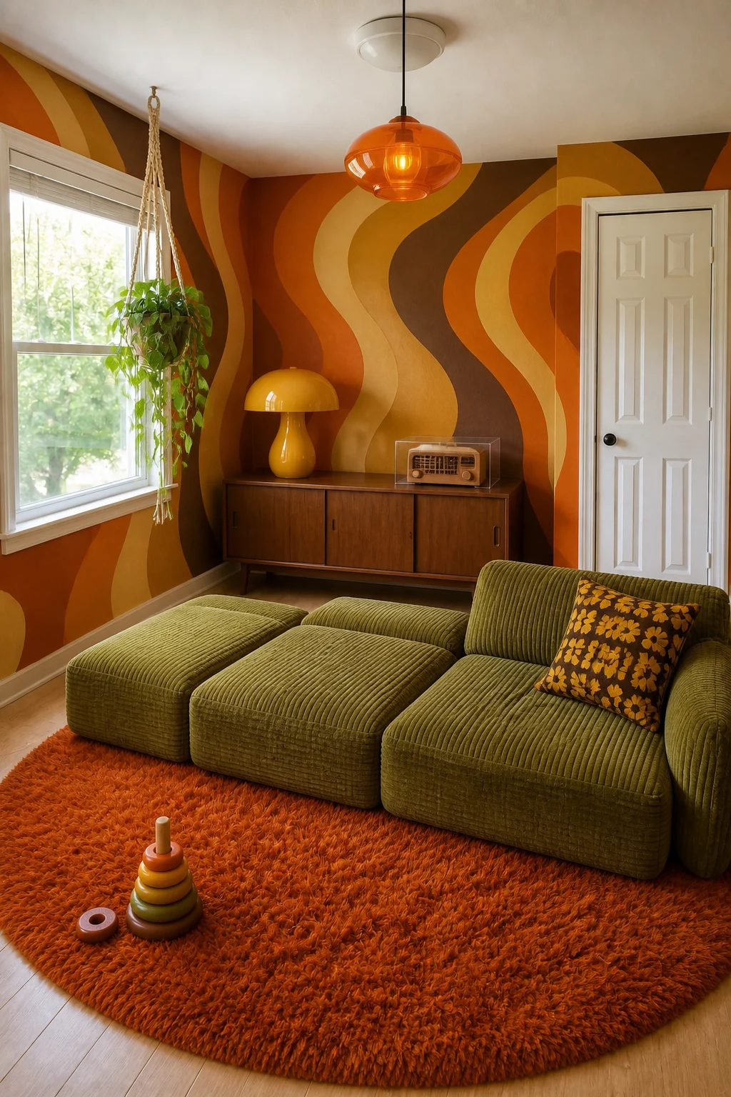 The same room styled as Retro Seventies