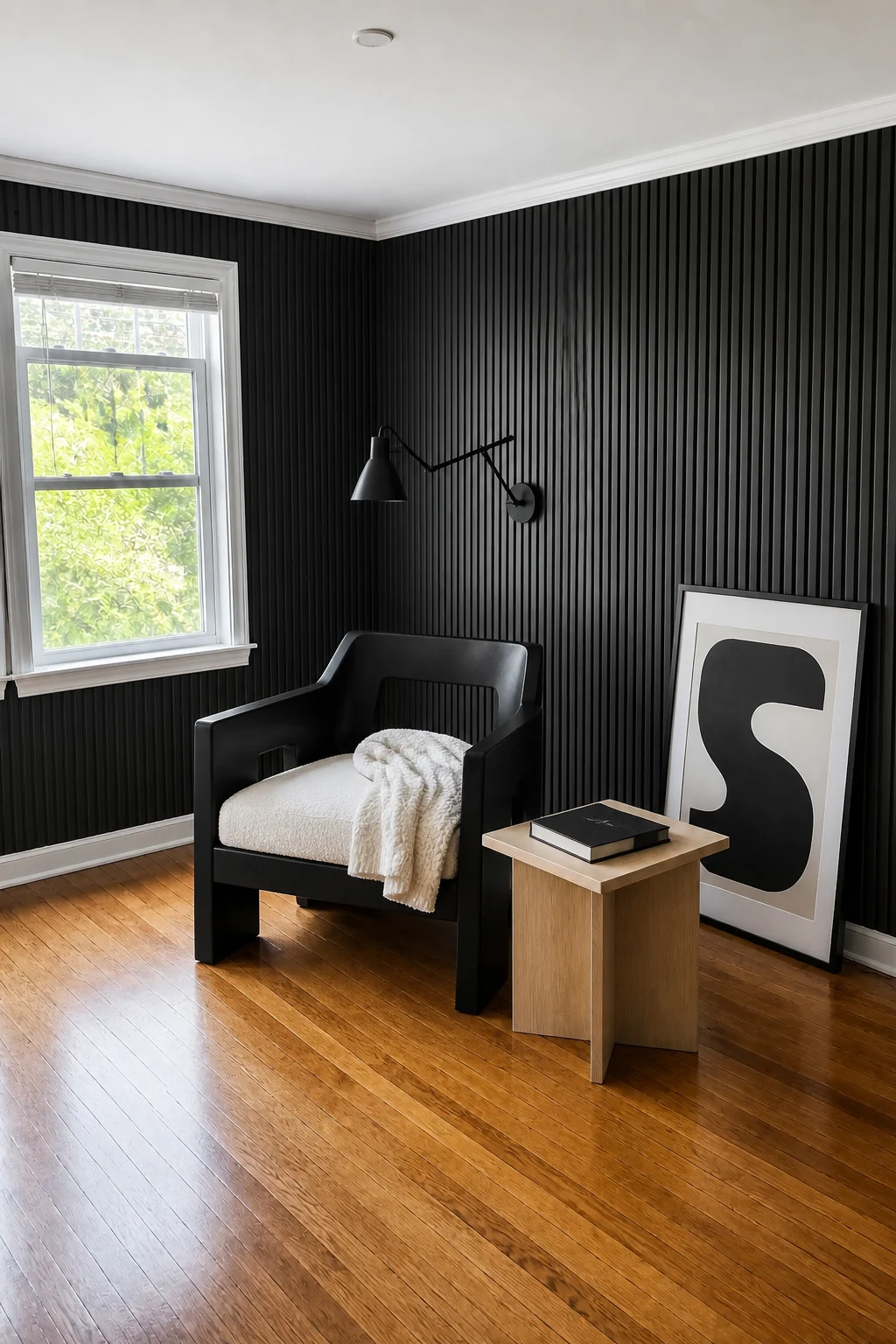 The same room styled as Dramatic Charcoal