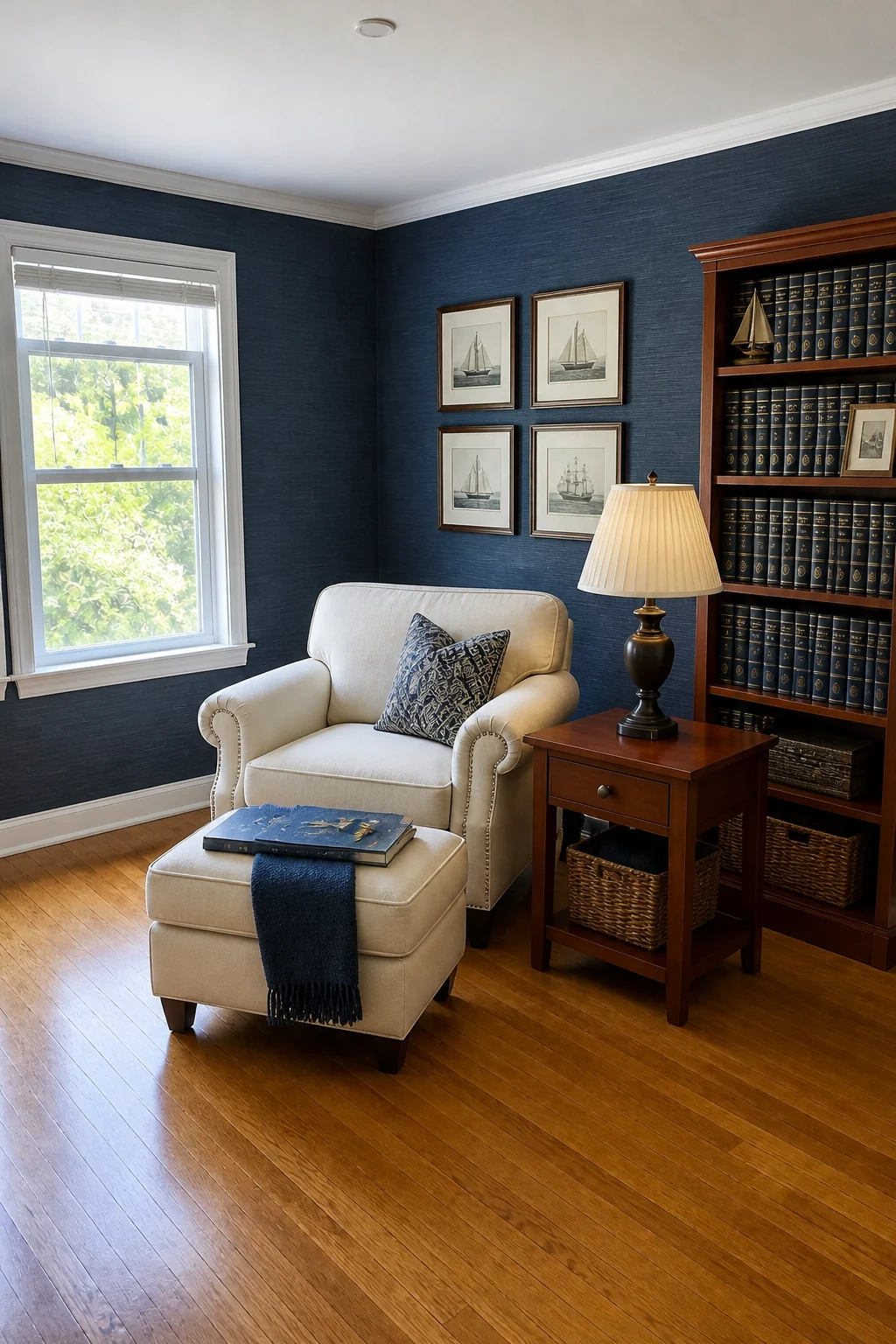 The same room styled as Classic Navy