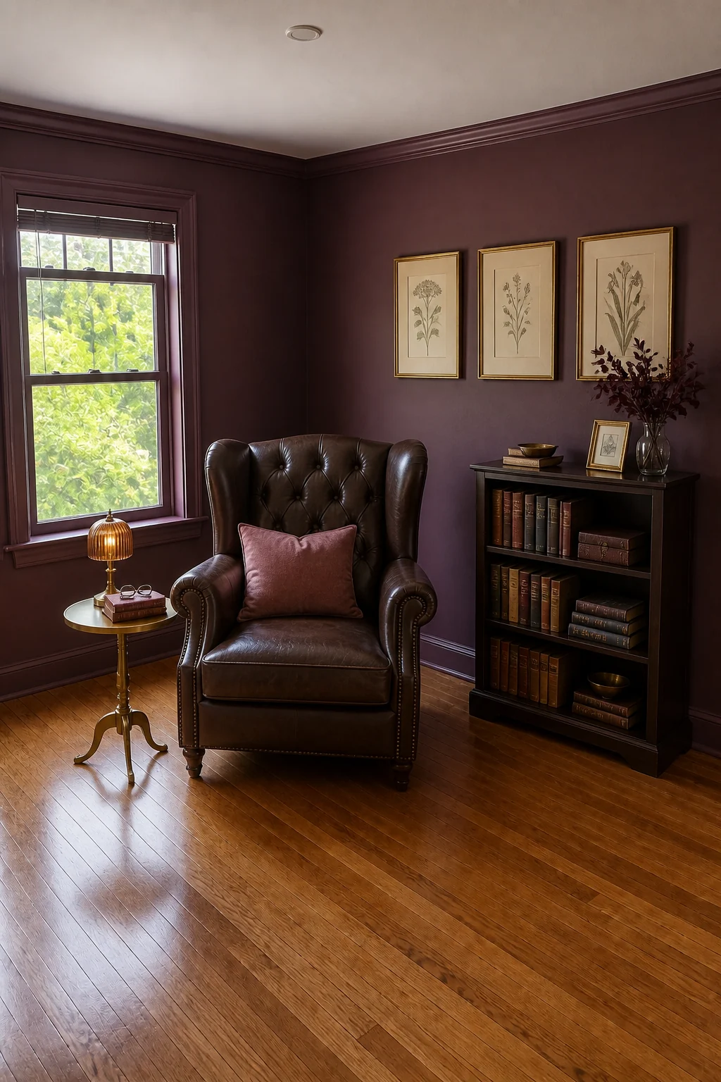 The same room styled as Rich Aubergine