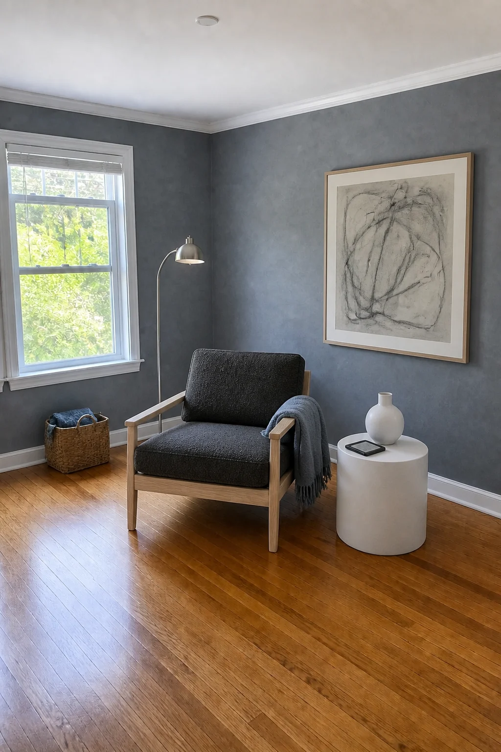 The same room styled as Moody Slate