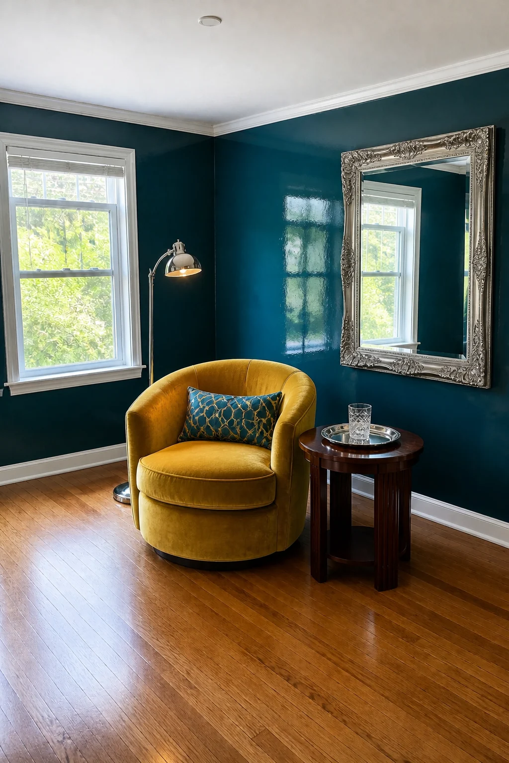 The same room styled as Glossy Teal