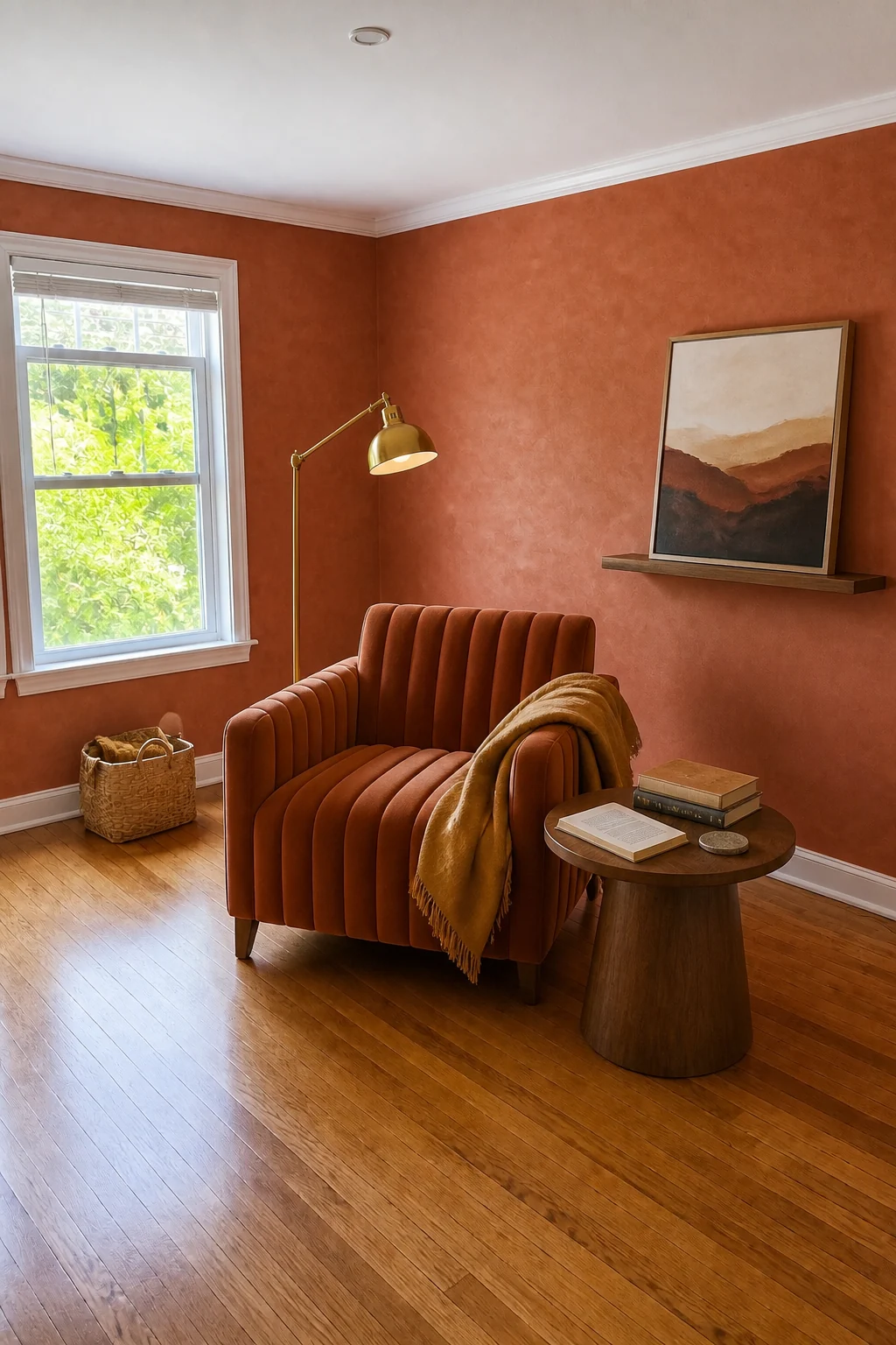 The same room styled as Baked Terracotta