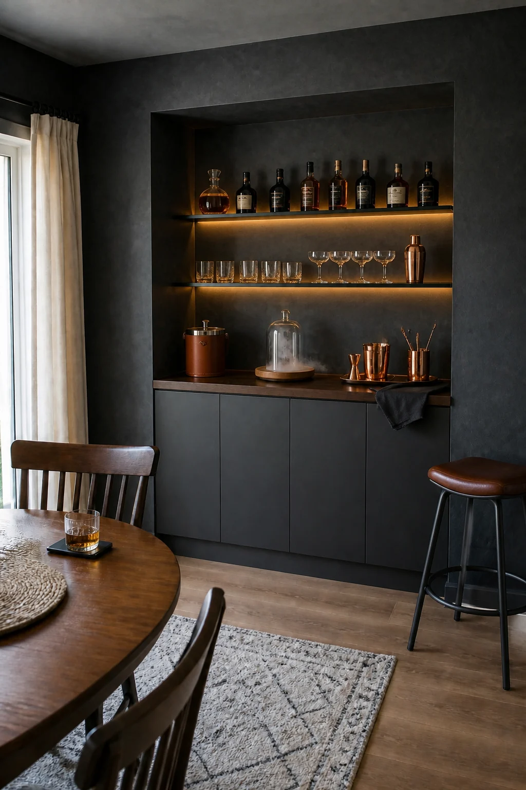 The same room styled as Moody Speakeasy