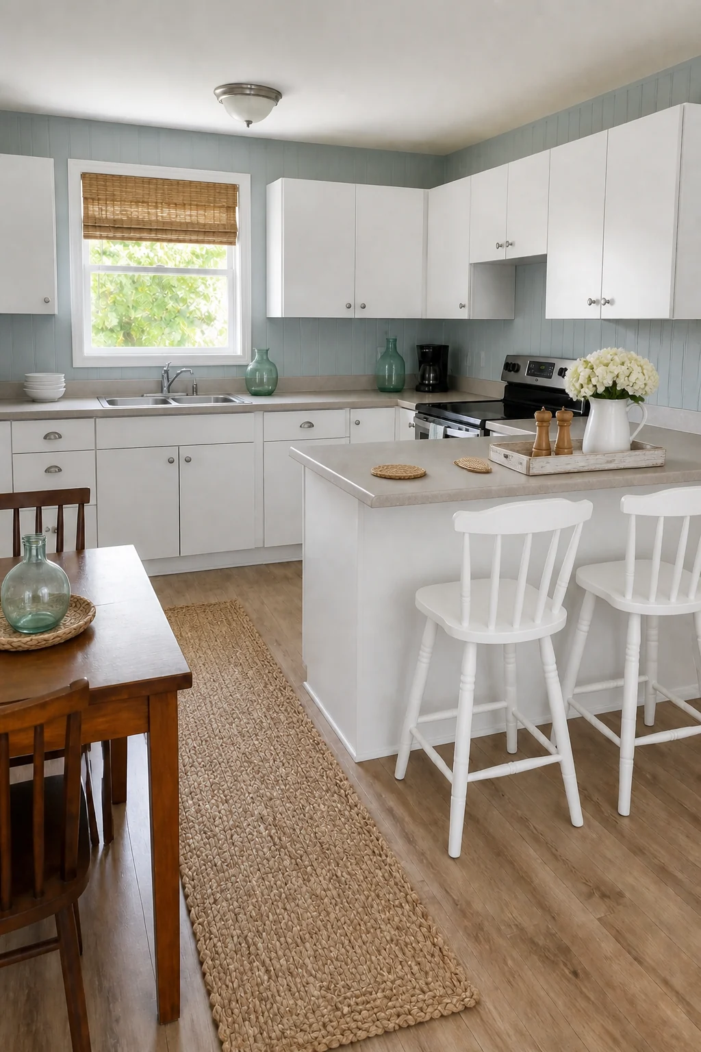 The same room styled as Coastal Cottage