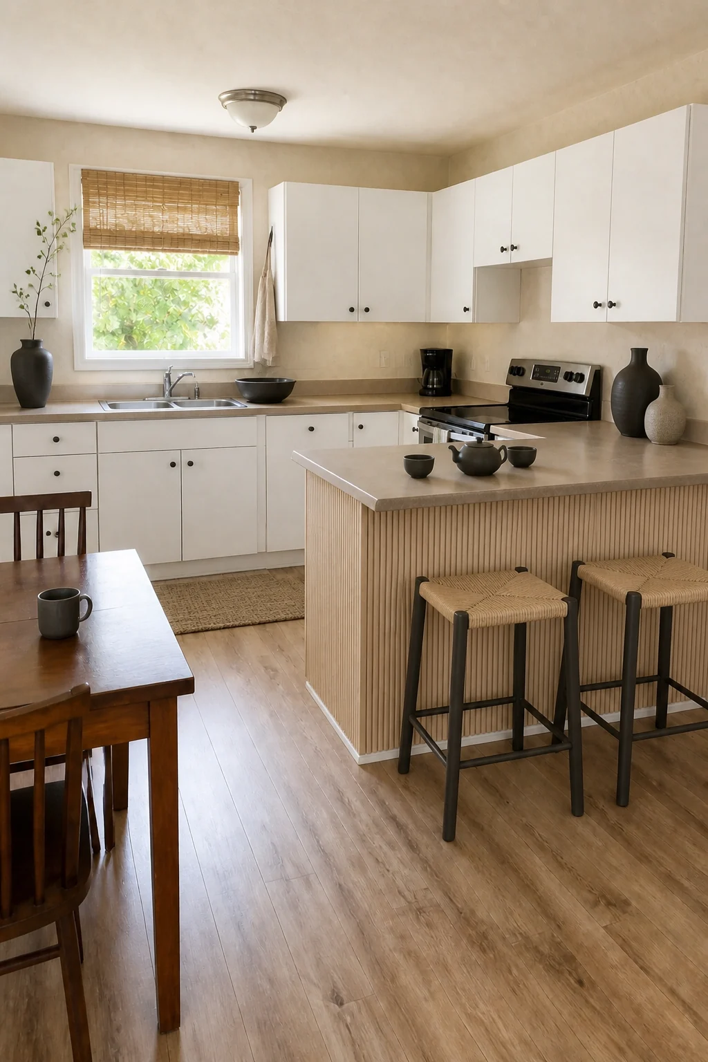 The same room styled as Earthy Japandi