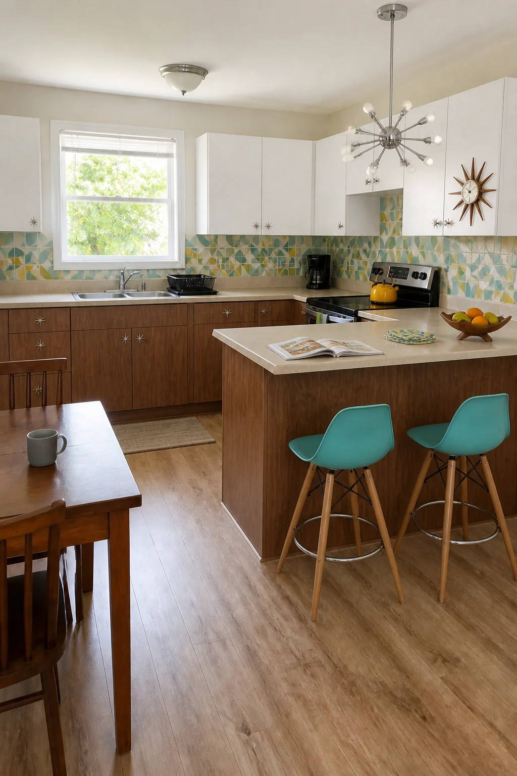 The same room styled as Retro Mid-Century