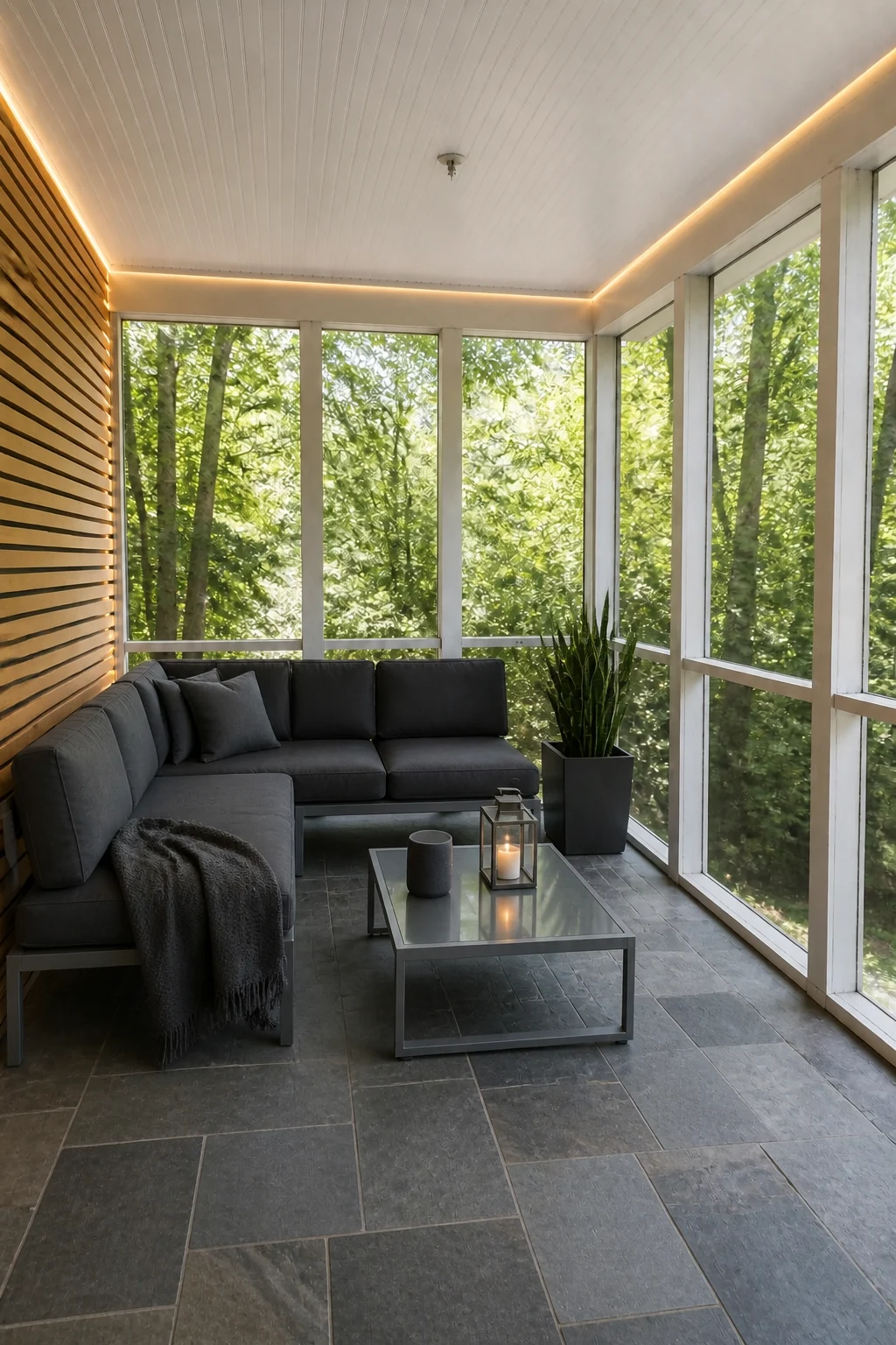 The same room styled as Contemporary Slatted