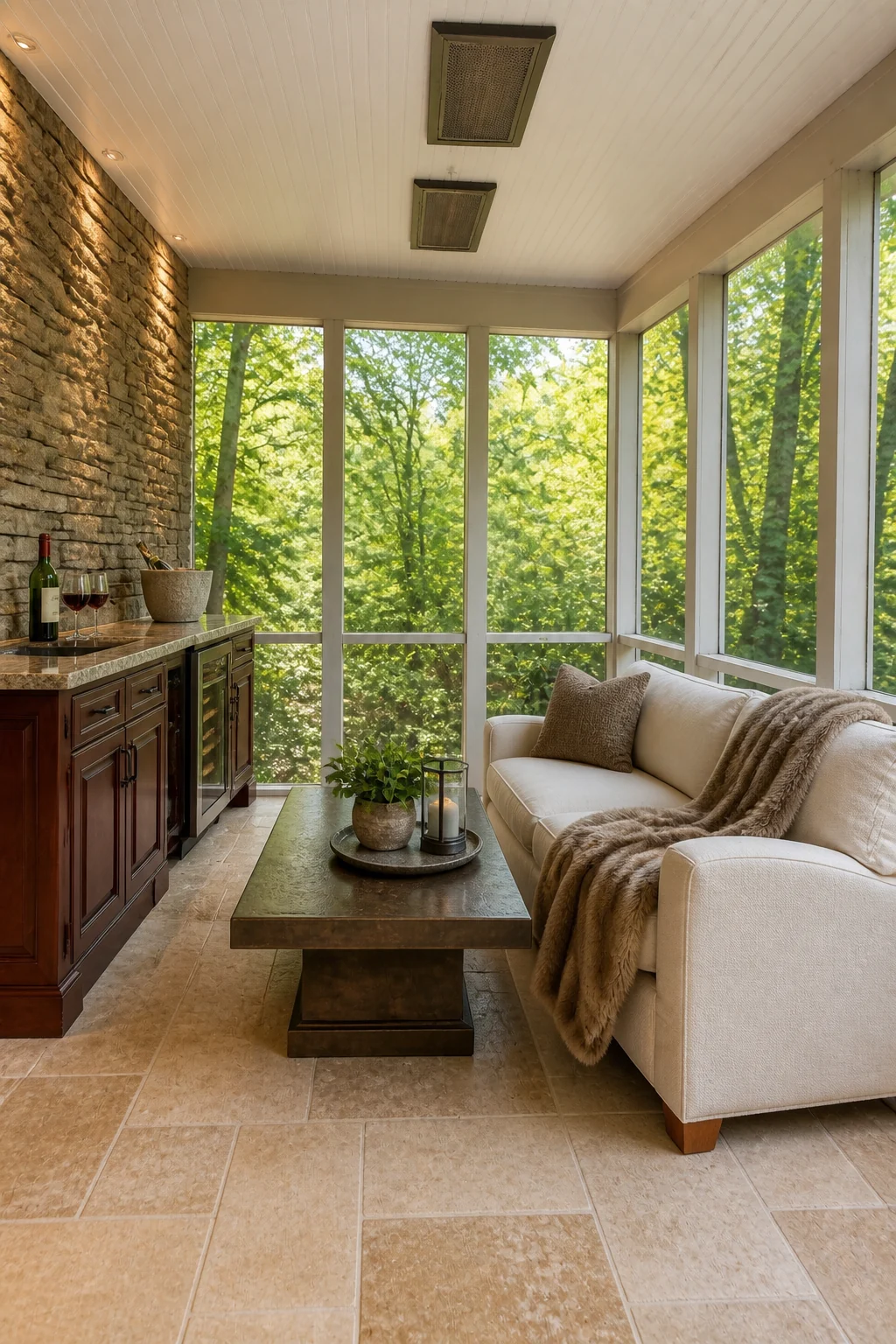 The same room styled as Luxury Stone Lodge