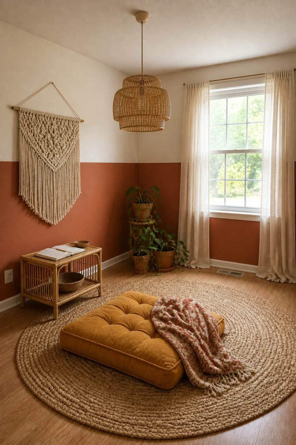 The same room styled as Earthy Boho