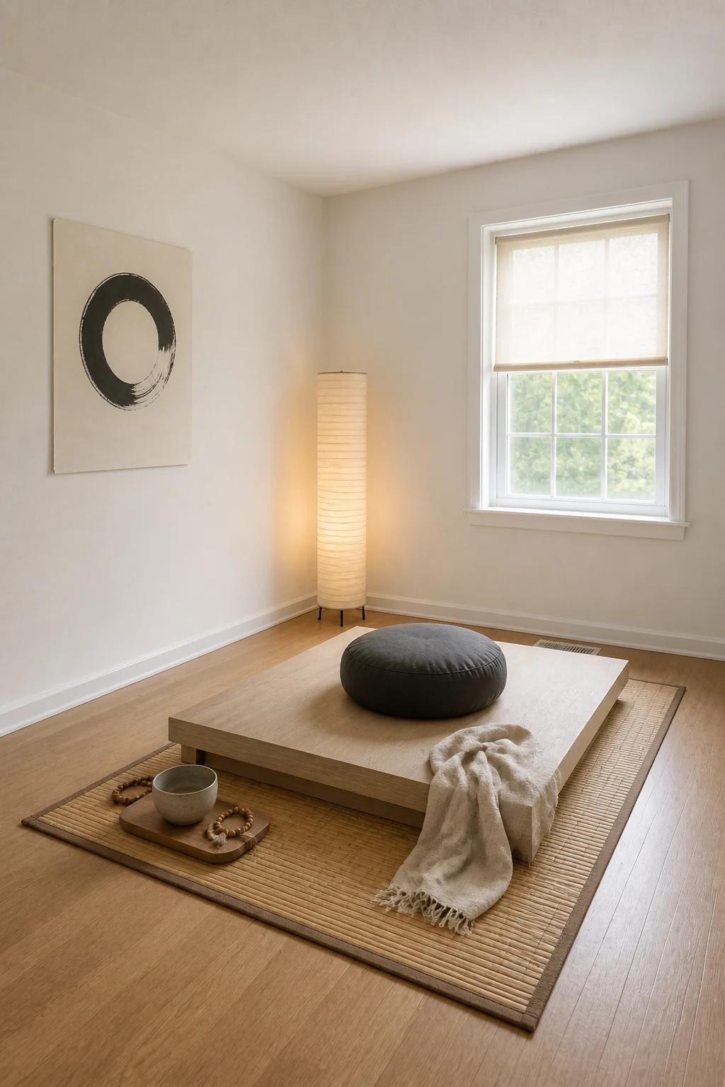 The same room styled as Minimalist Japandi