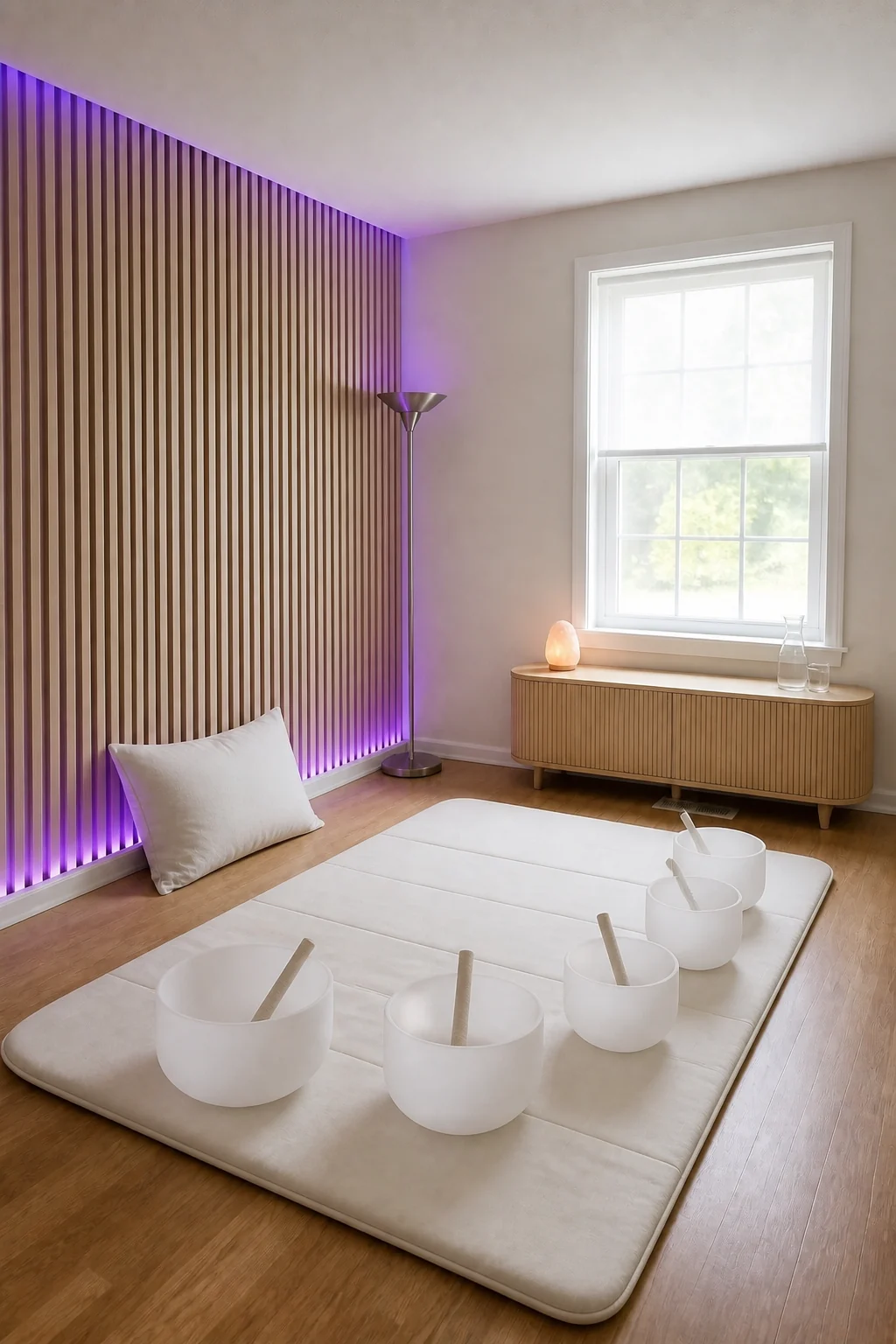 The same room styled as Sound Bath Studio