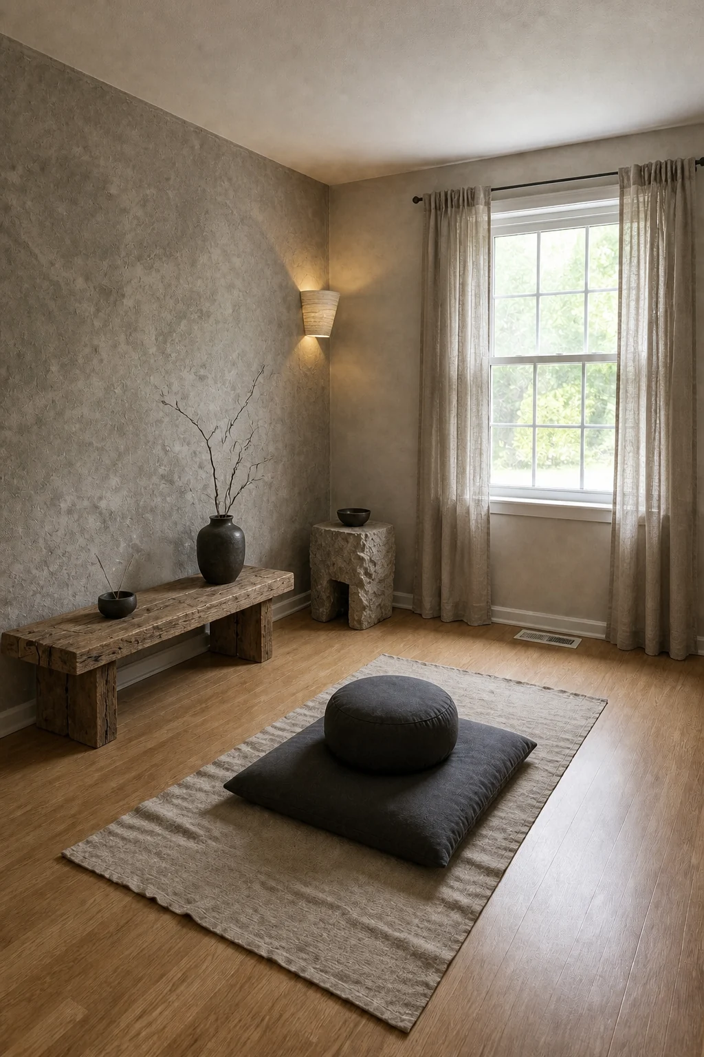The same room styled as Wabi-Sabi Rustic