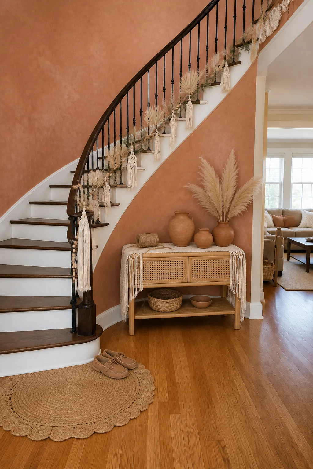 The same room styled as Boho Macrame & Pampas