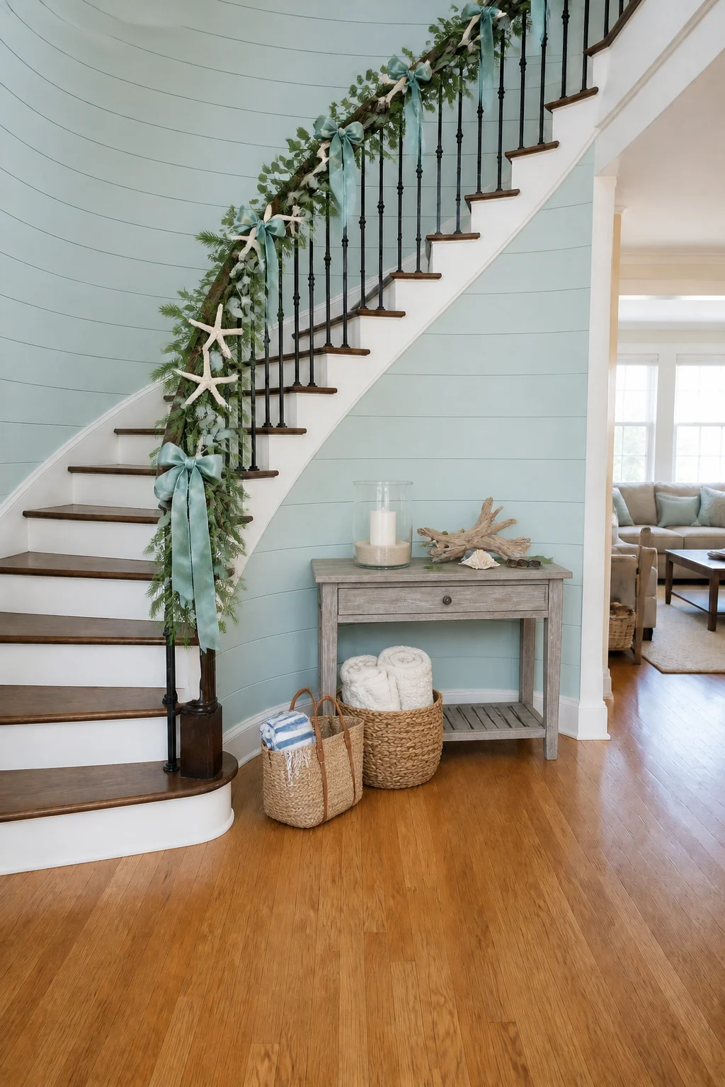 The same room styled as Coastal Holiday