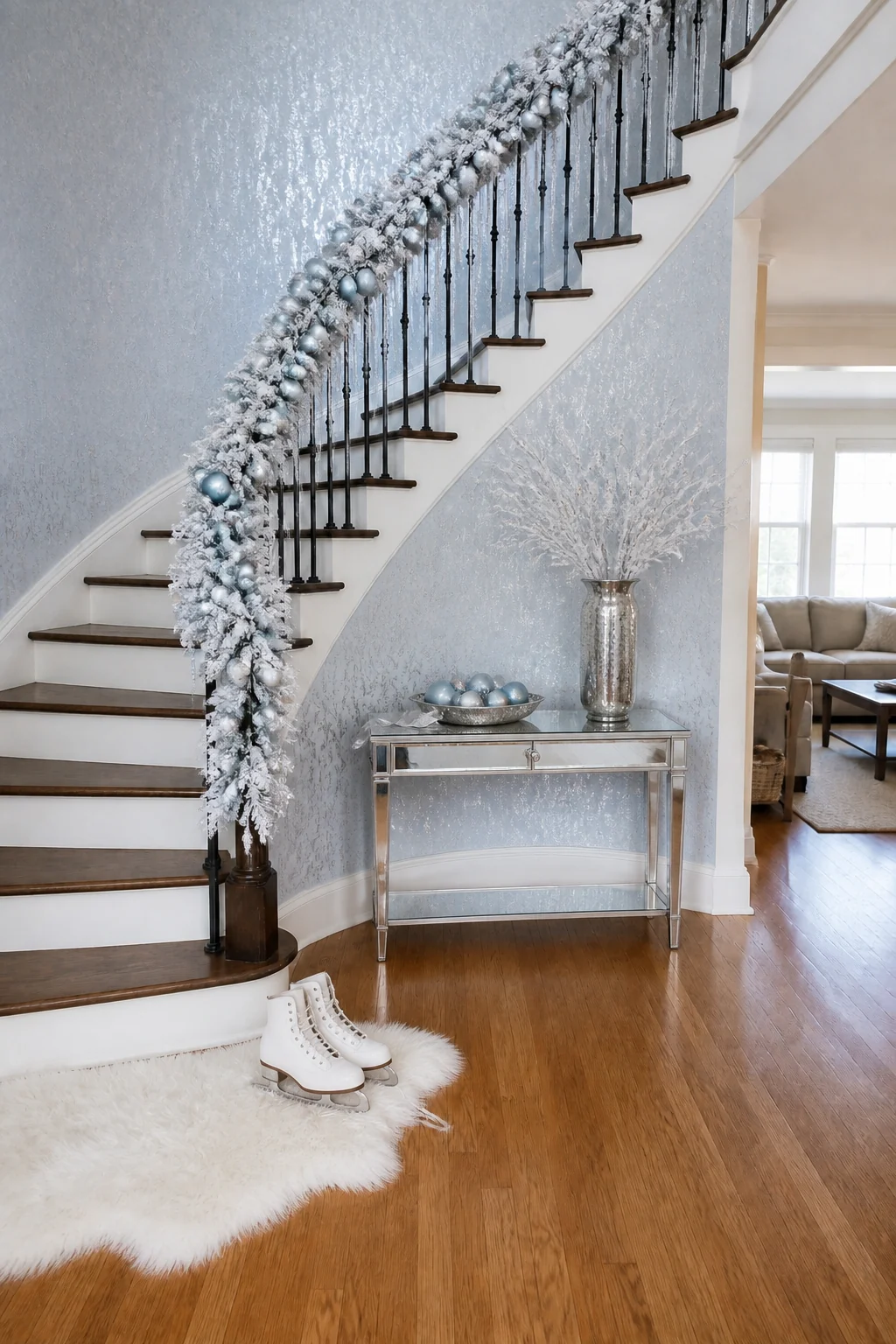 The same room styled as Frosted Winter Wonderland