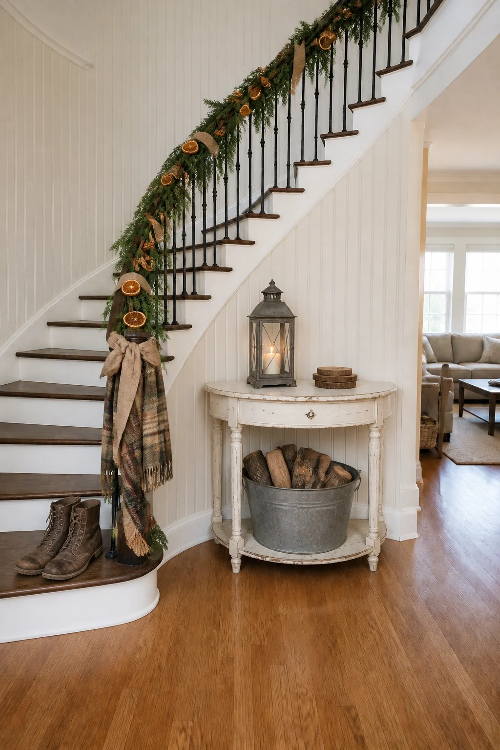 The same room styled as Rustic Farmhouse