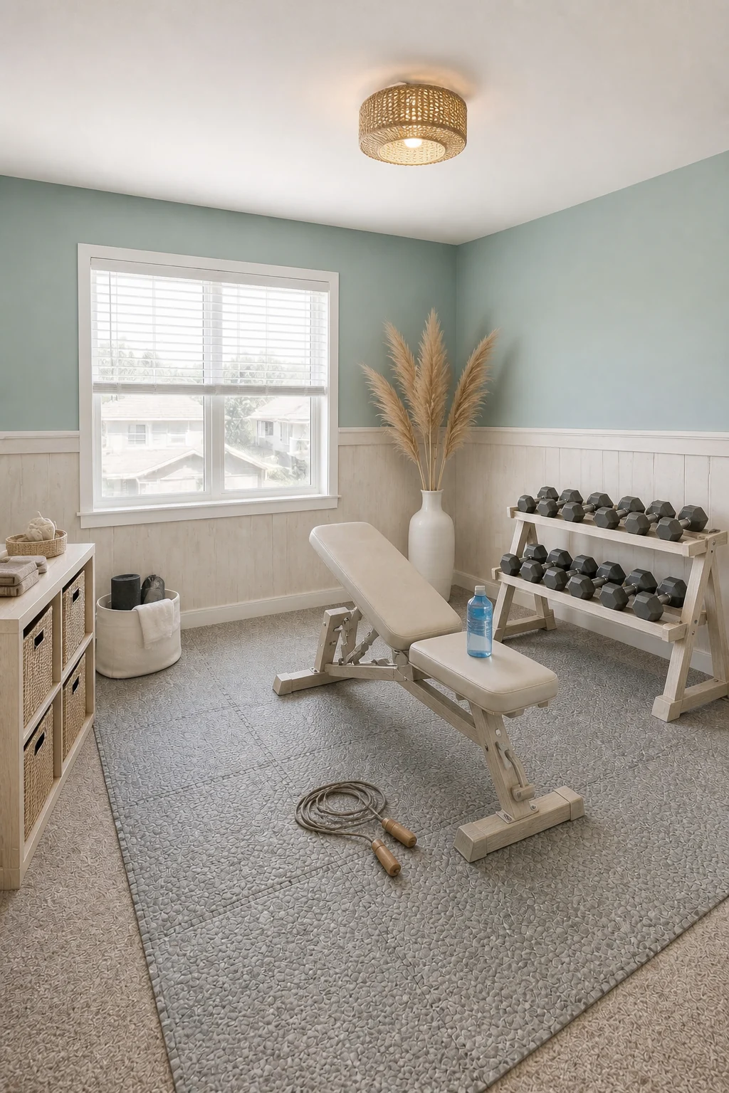 The same room styled as Coastal Driftwood