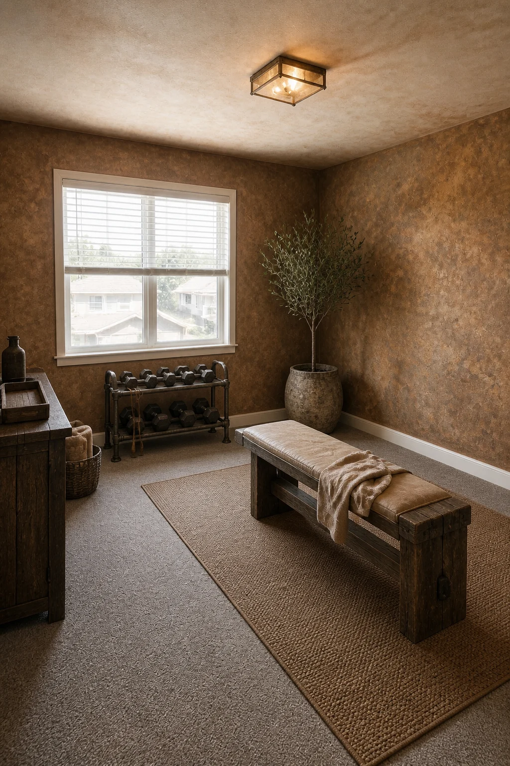 The same room styled as Earthy Clay