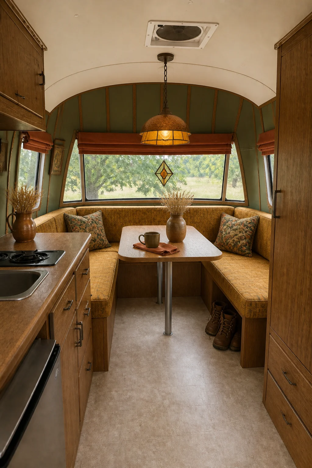 The same room styled as 1910s Craftsman