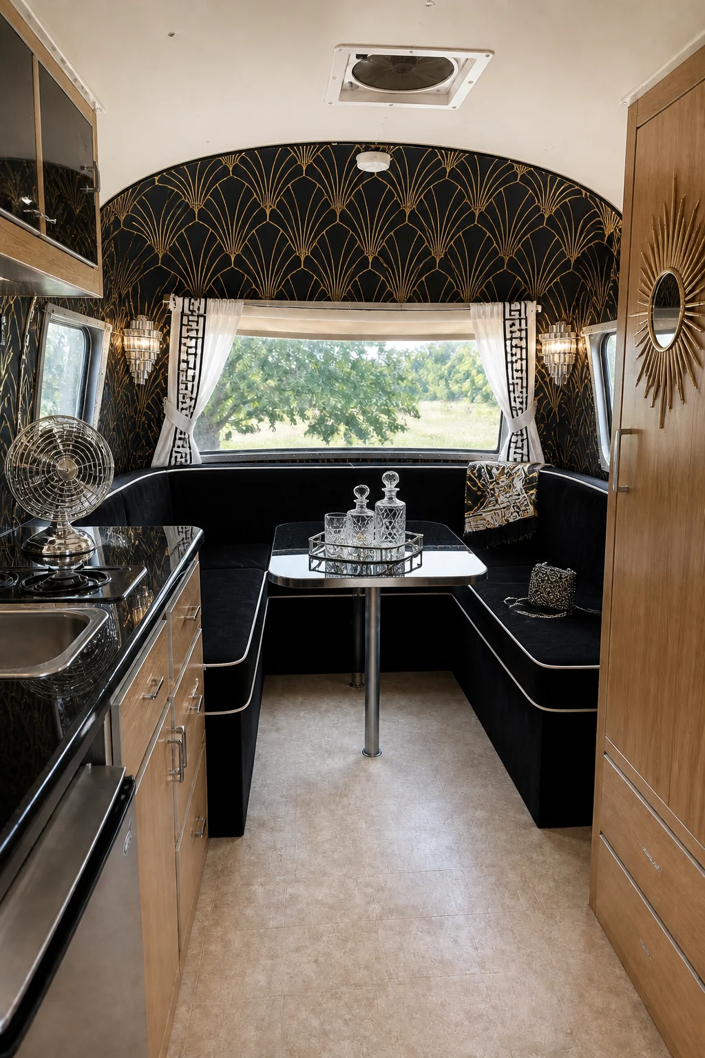 The same room styled as 1920s Art Deco