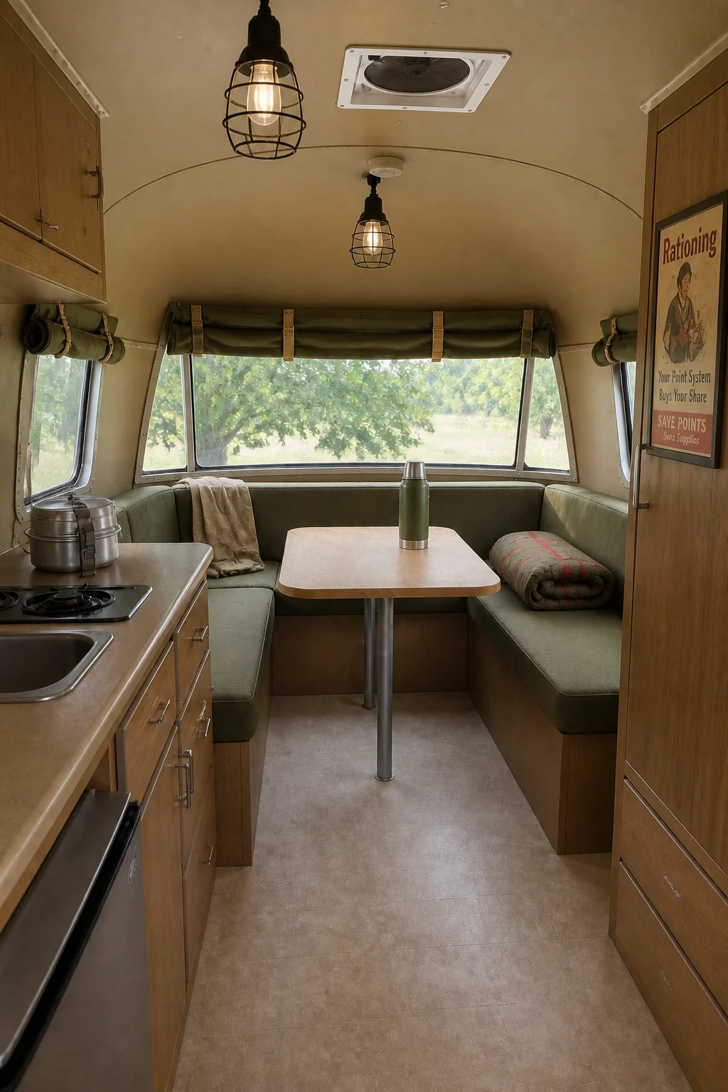 The same room styled as 1940s Utility