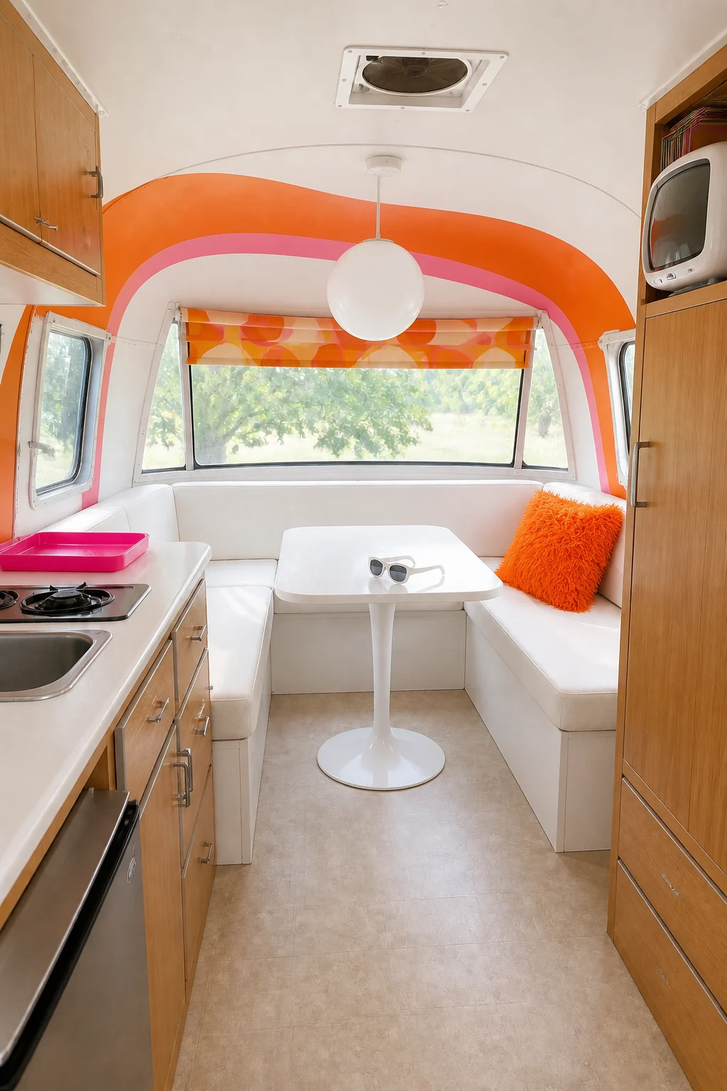 The same room styled as 1960s Mod