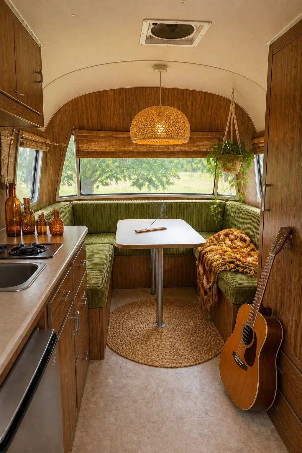 The same room styled as 1970s Bohemian