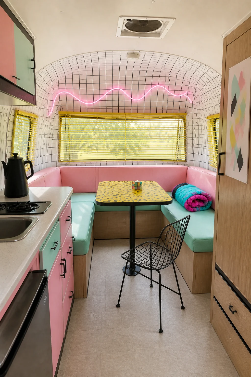 The same room styled as 1980s Memphis
