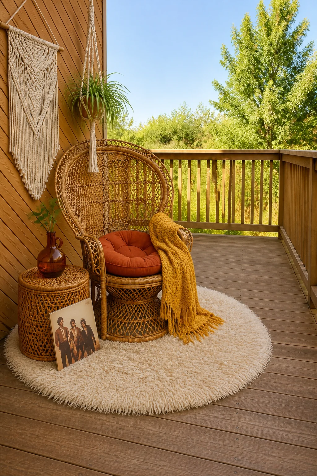 The same room styled as 70s Bohemian