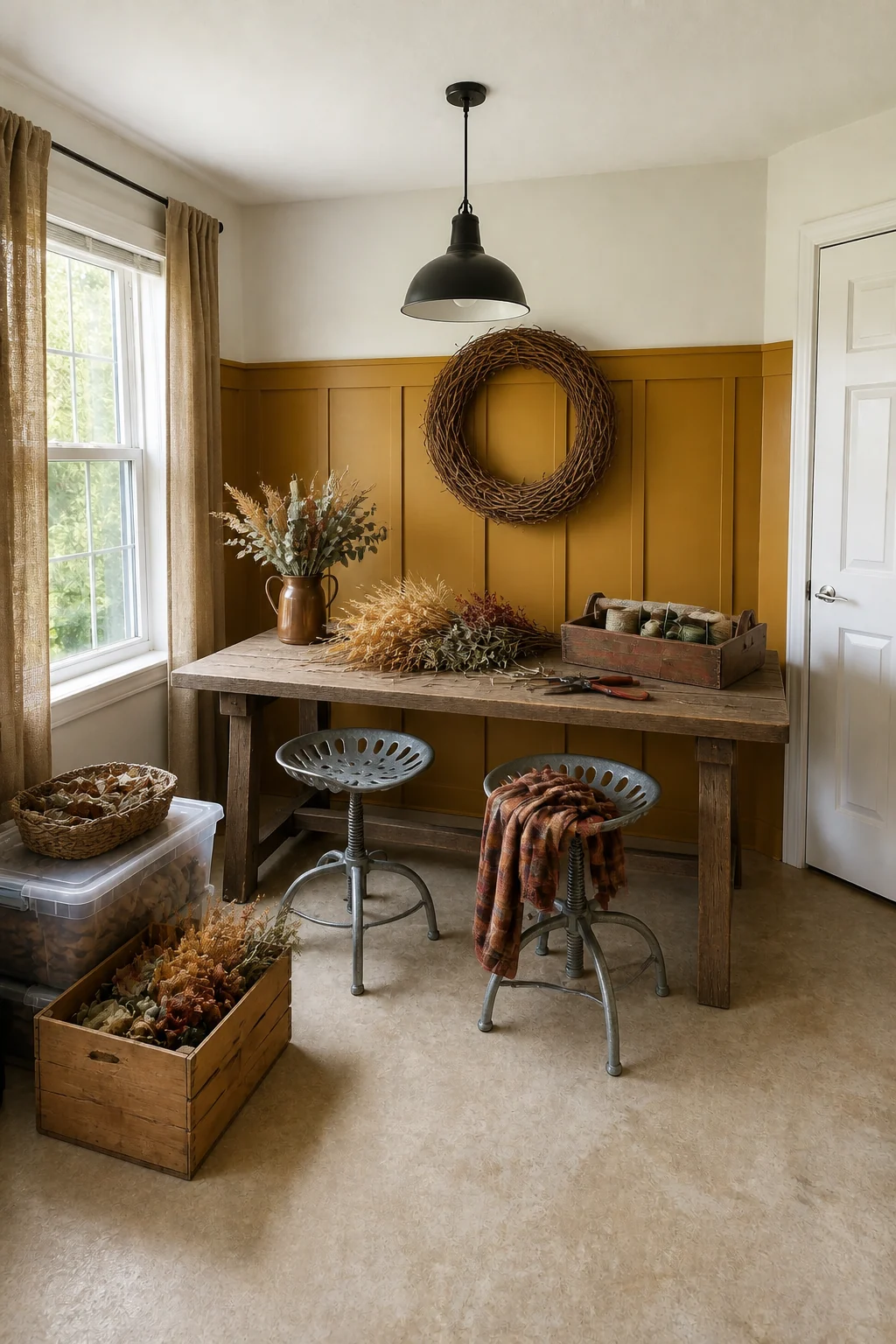 The same room styled as Autumn Wreath Making