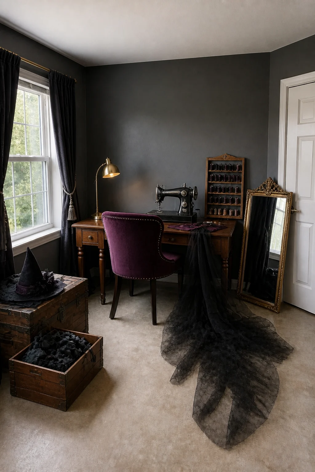 The same room styled as Halloween Costume Prep