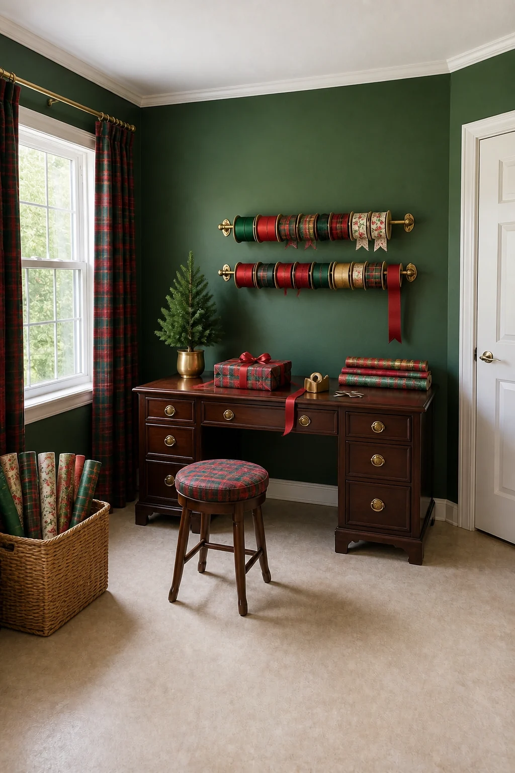 The same room styled as Holiday Gift Wrapping