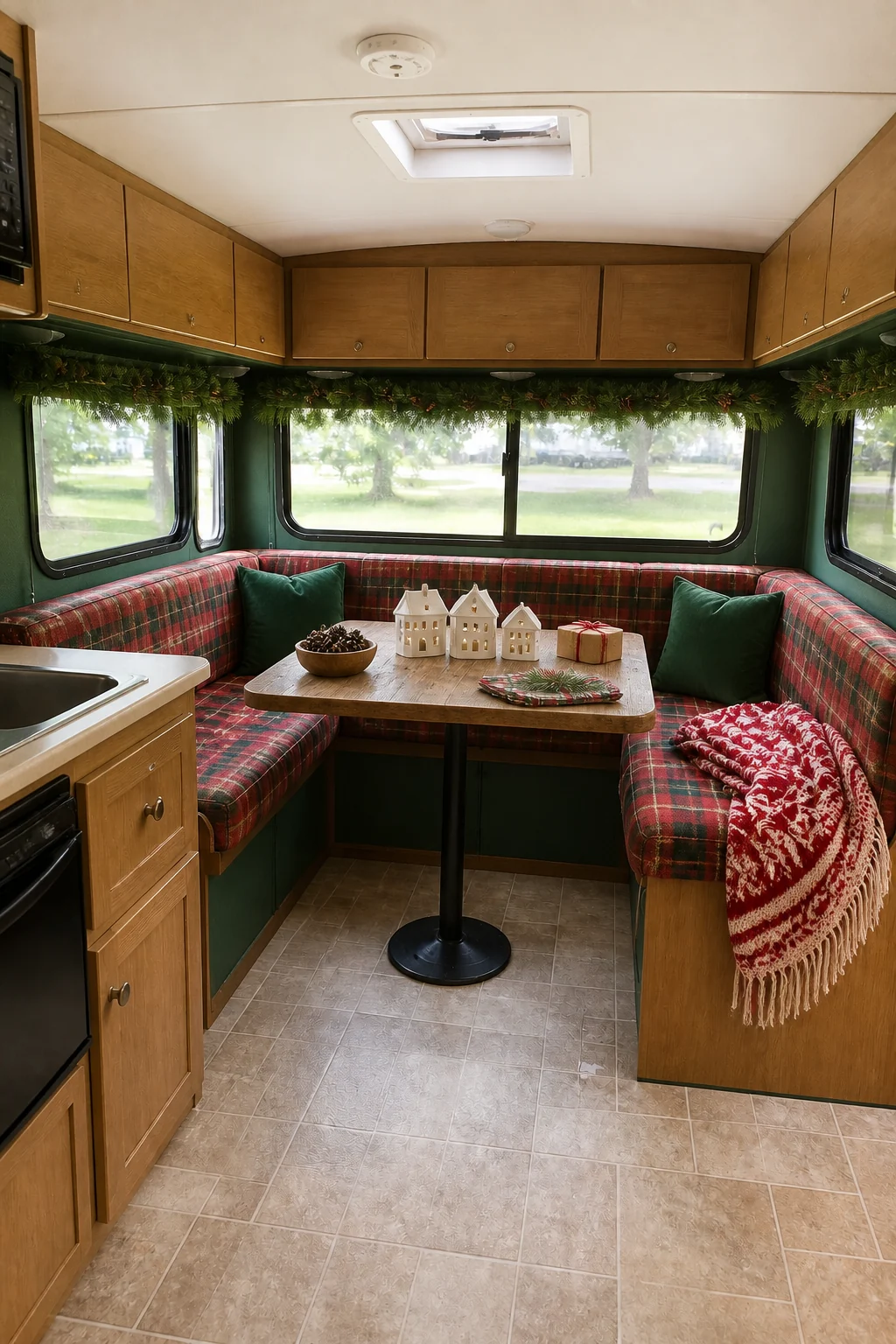 The same room styled as Christmas Cabin