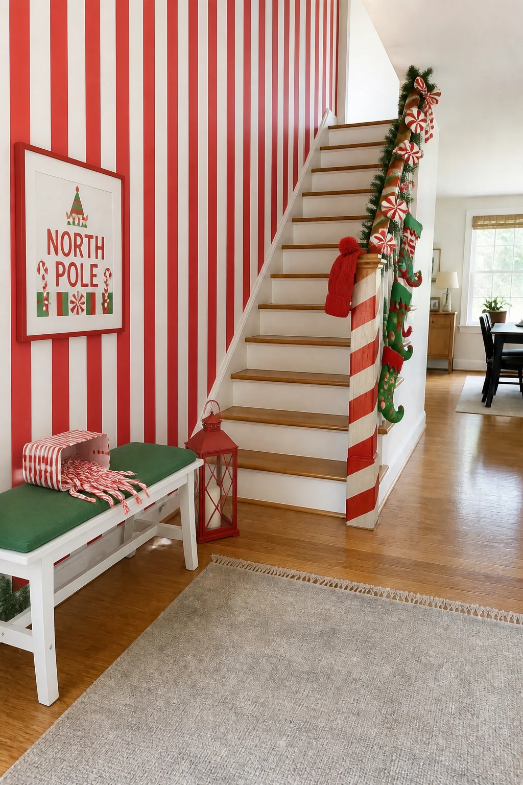 The same room styled as Candy Cane Lane