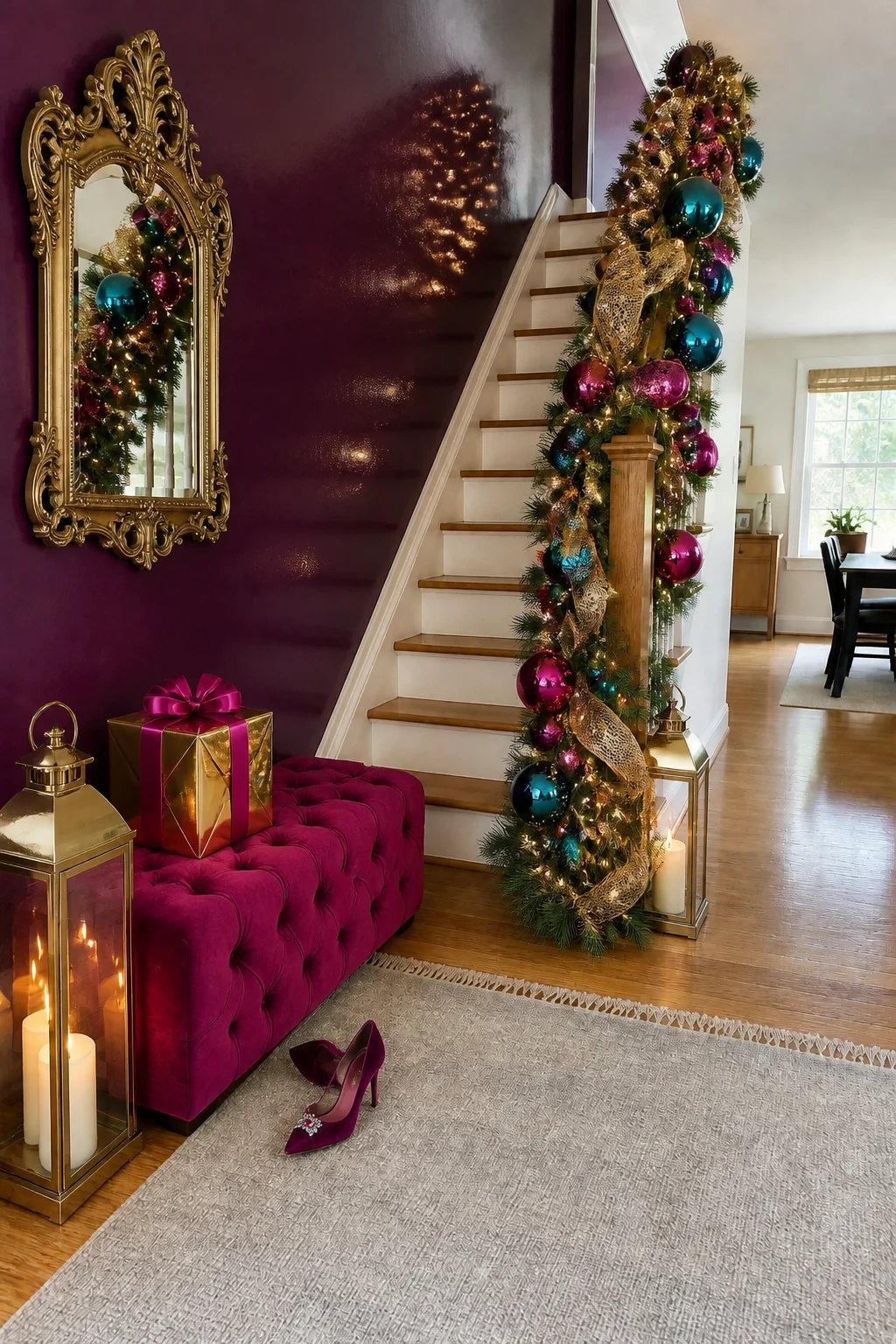 The same room styled as Jewel-Tone Maximalist