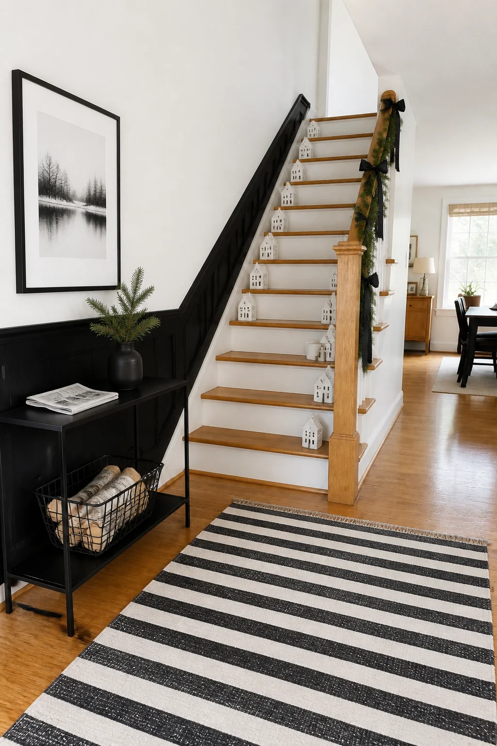 The same room styled as Modern Black & White
