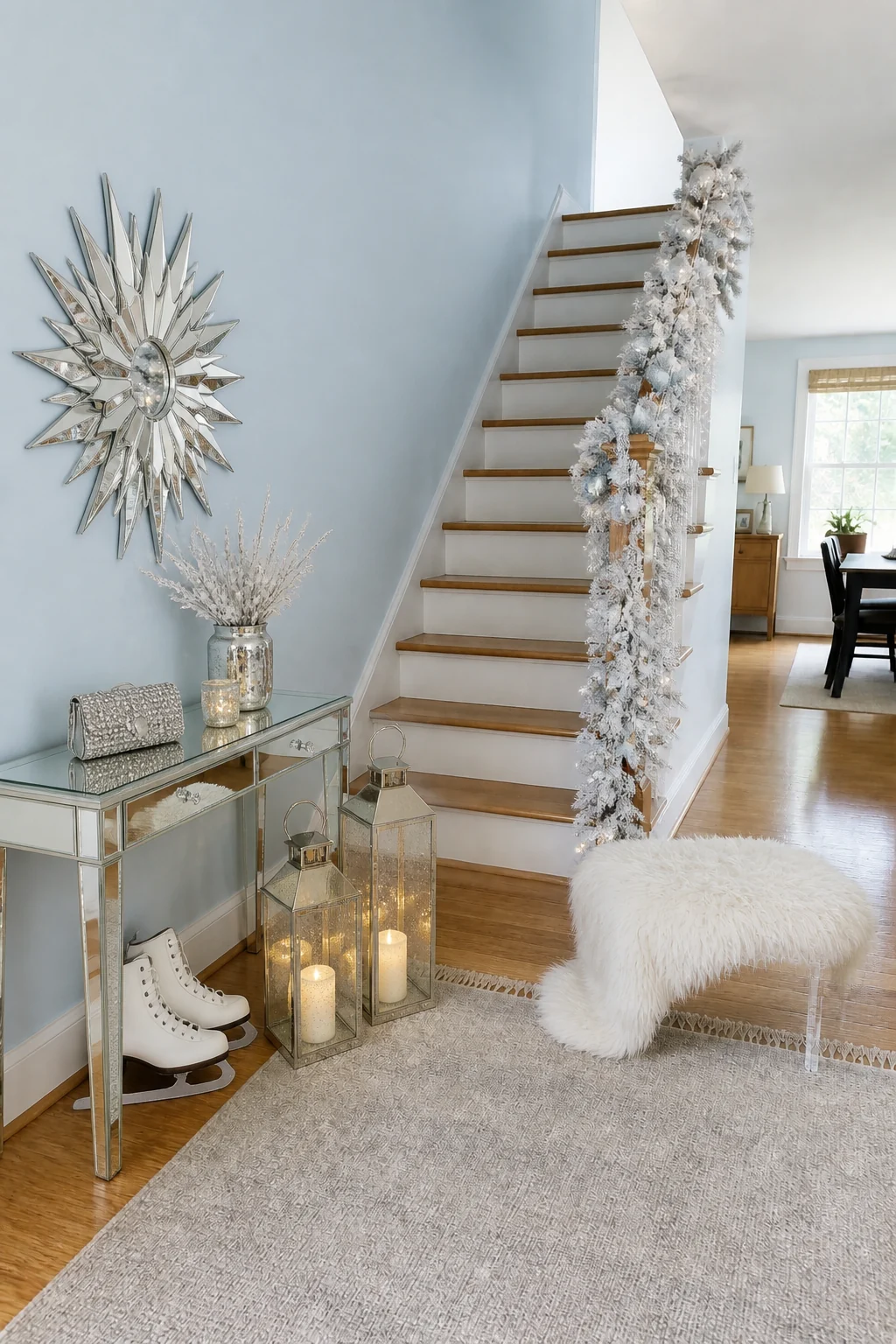 The same room styled as Winter Wonderland Glam