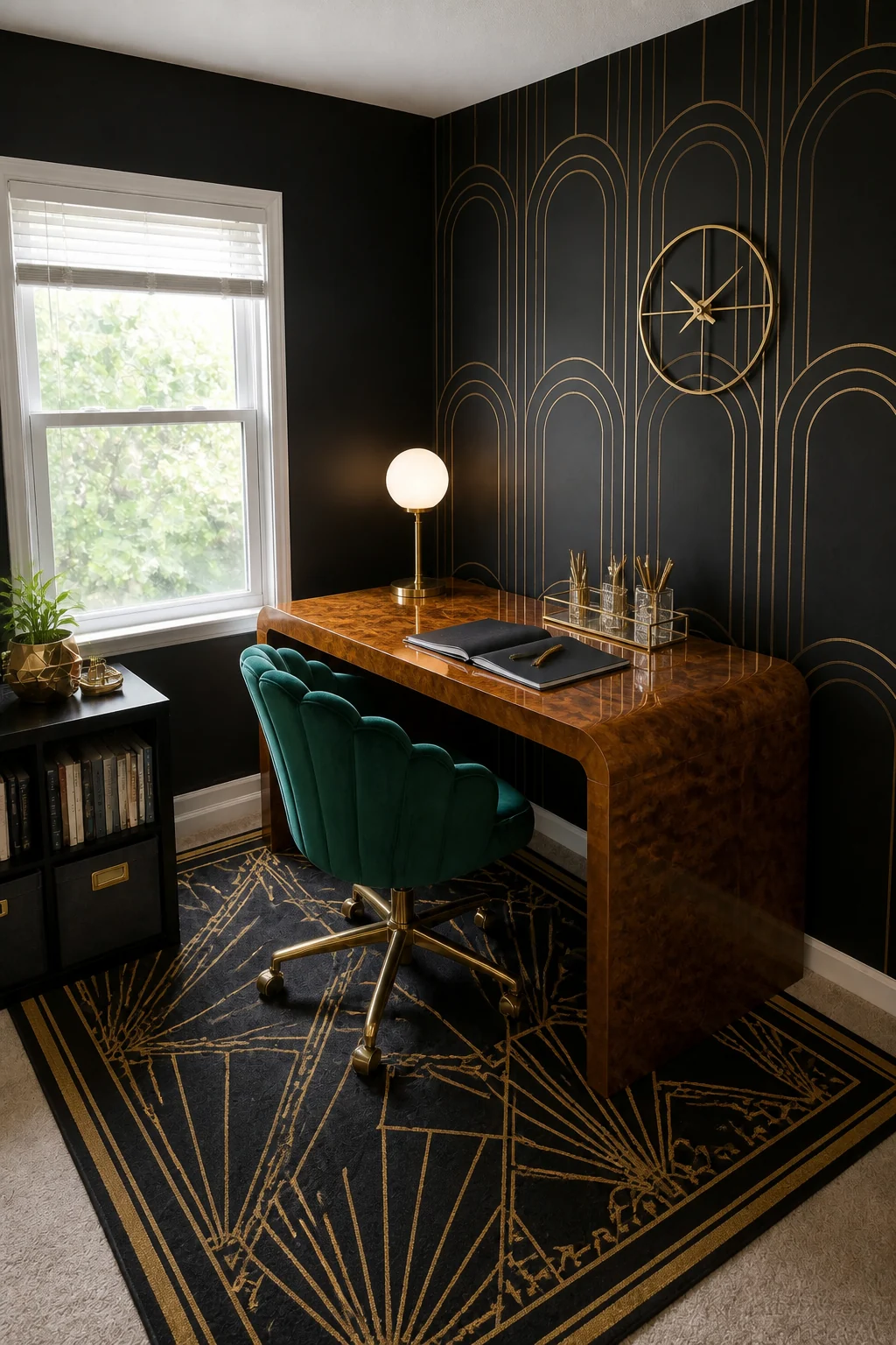 The same room styled as 1920s Art Deco