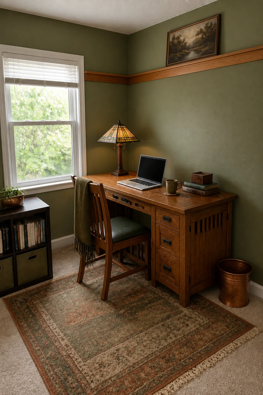 The same room styled as 1910s Arts & Crafts