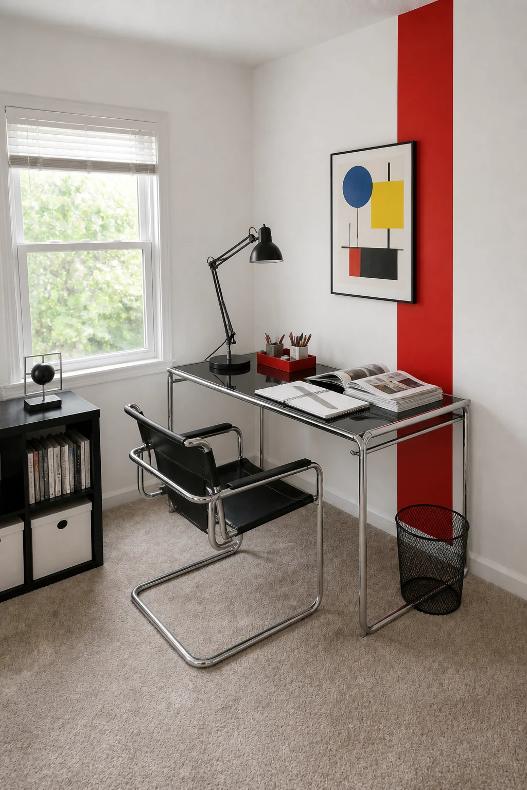 The same room styled as 1930s Bauhaus