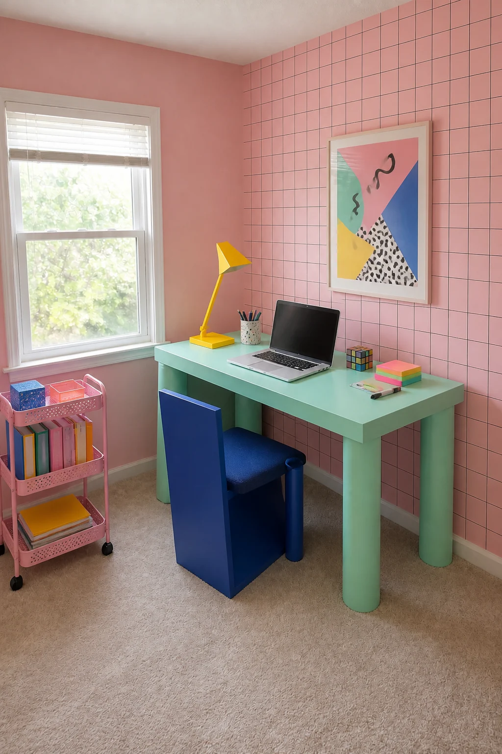 The same room styled as 1980s Postmodern